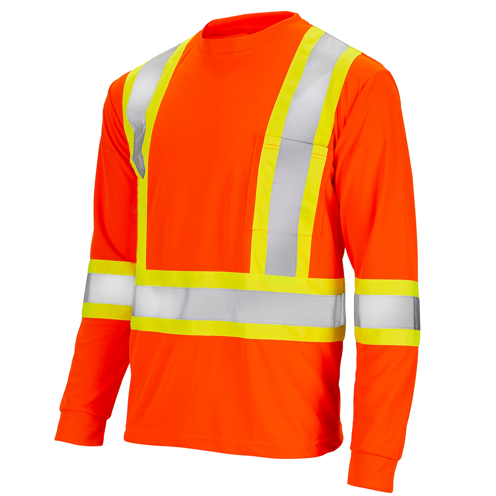 Diagonal view of a Hi-vis reflective two tone safety orange and  yellow strips pocket long sleeve shirt