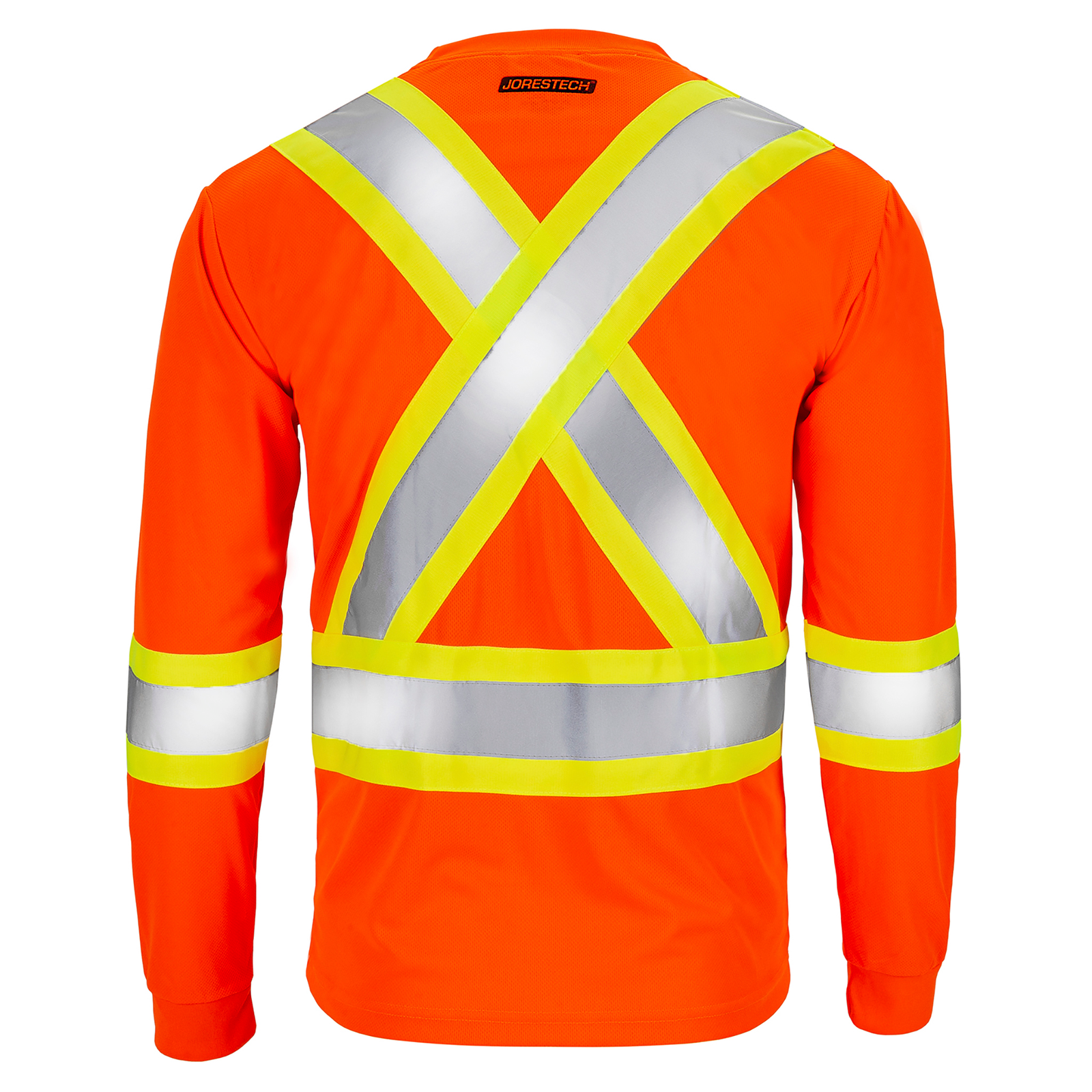 Back view of a Hi-vis reflective two tone safety orange and yellow strips pocket long sleeve shirt