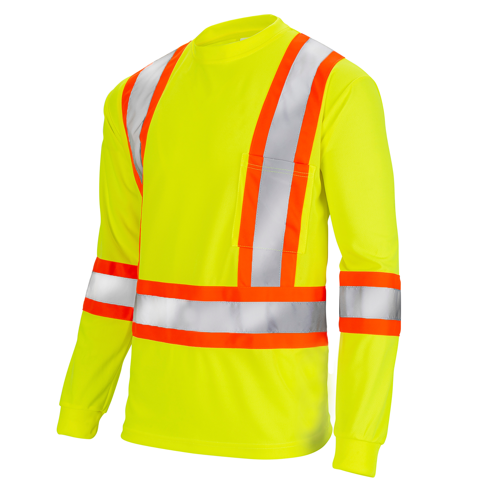 Diagonal view of a Hi-vis reflective two tone safety yellow orange strips pocket long sleeve shirt 