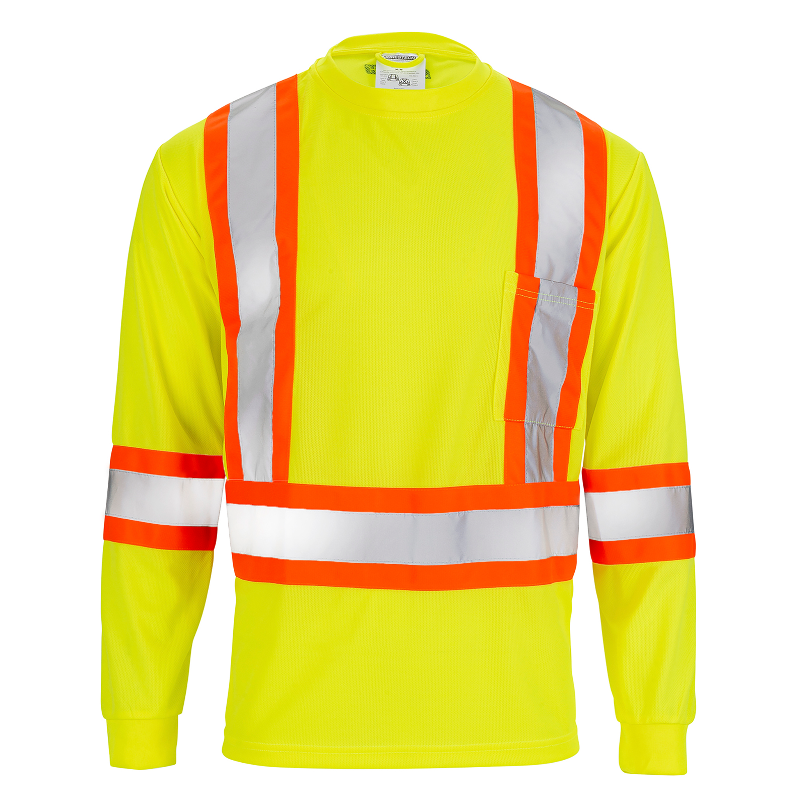 Front view of a Hi-vis reflective two tone safety yellow orange strips pocket long sleeve shirt 