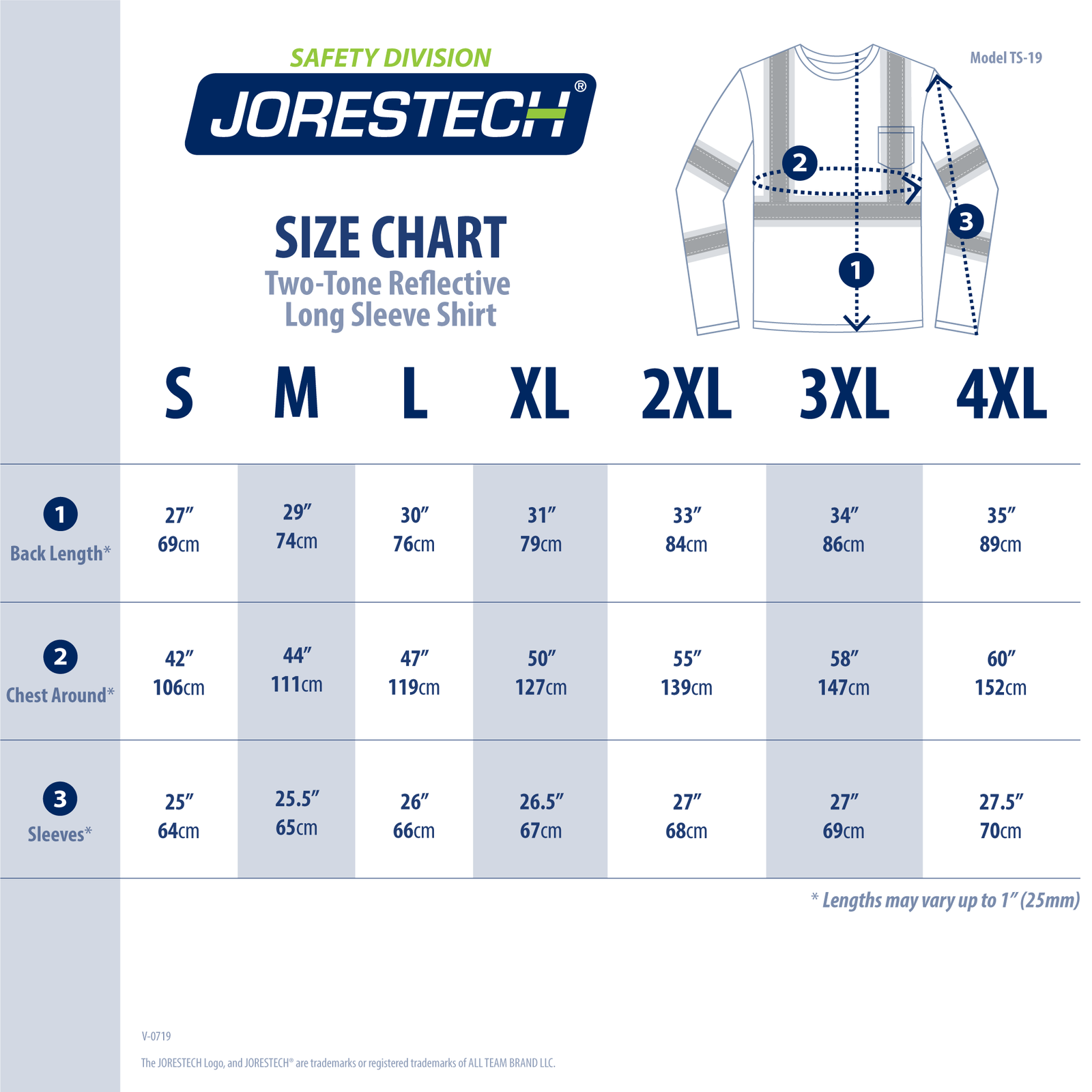 Size chart for JORESTECH black and lime reflective shirt class 1 type O
