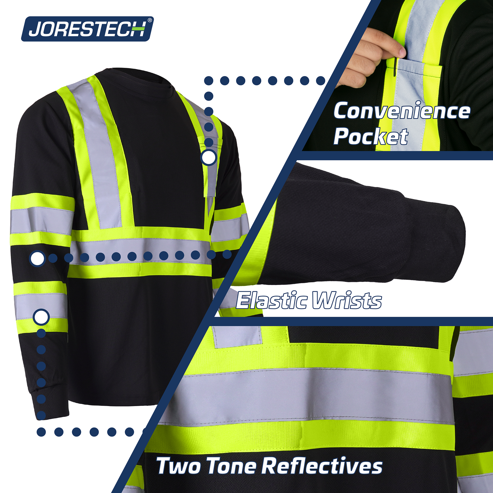 A black and lime hi vis reflective safety long sleeve shirt and close ups showing chest pocket, elastic wrists and two tone reflective strips