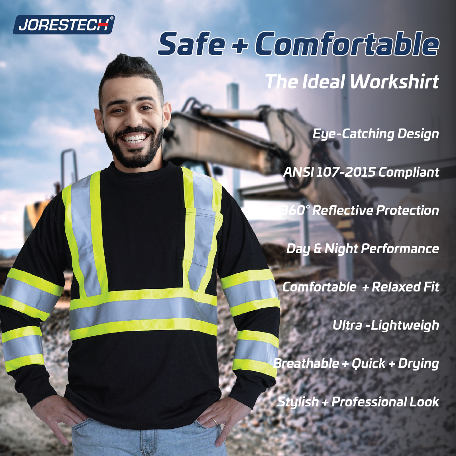 A man wearing the JORESTECH Hi Vis 2 tone reflective safety long sleeve shirt in a construction. Text reads: Safety and comfortable, the ideal work shirt. Eye Catching design. Ansi 107-215 compliant. 360 degrees of reflective protection. Breathable quick drying