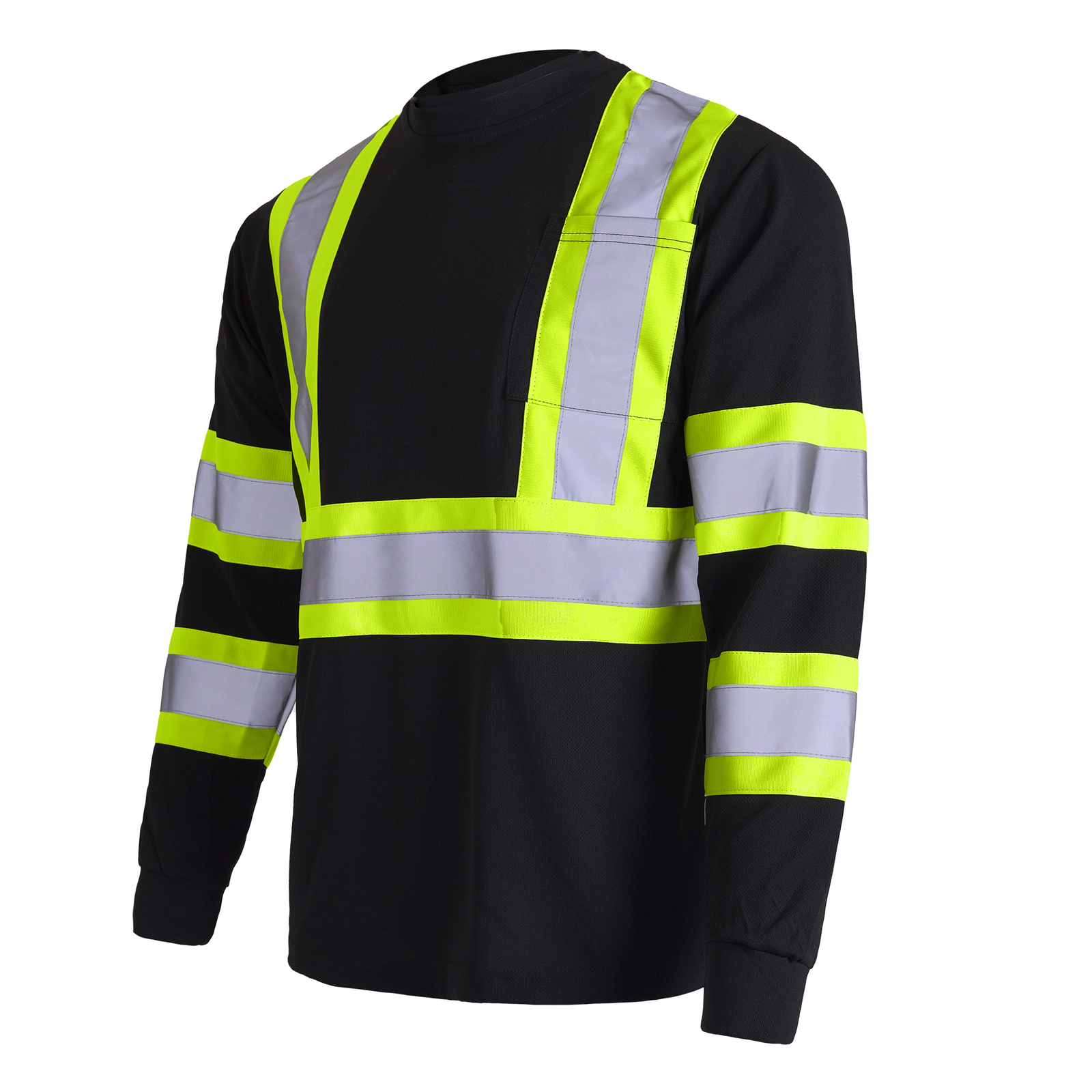 Diagonal view of the JORESTECH Hi-vis reflective two tone long sleeve safety black and yellow pocket shirt
