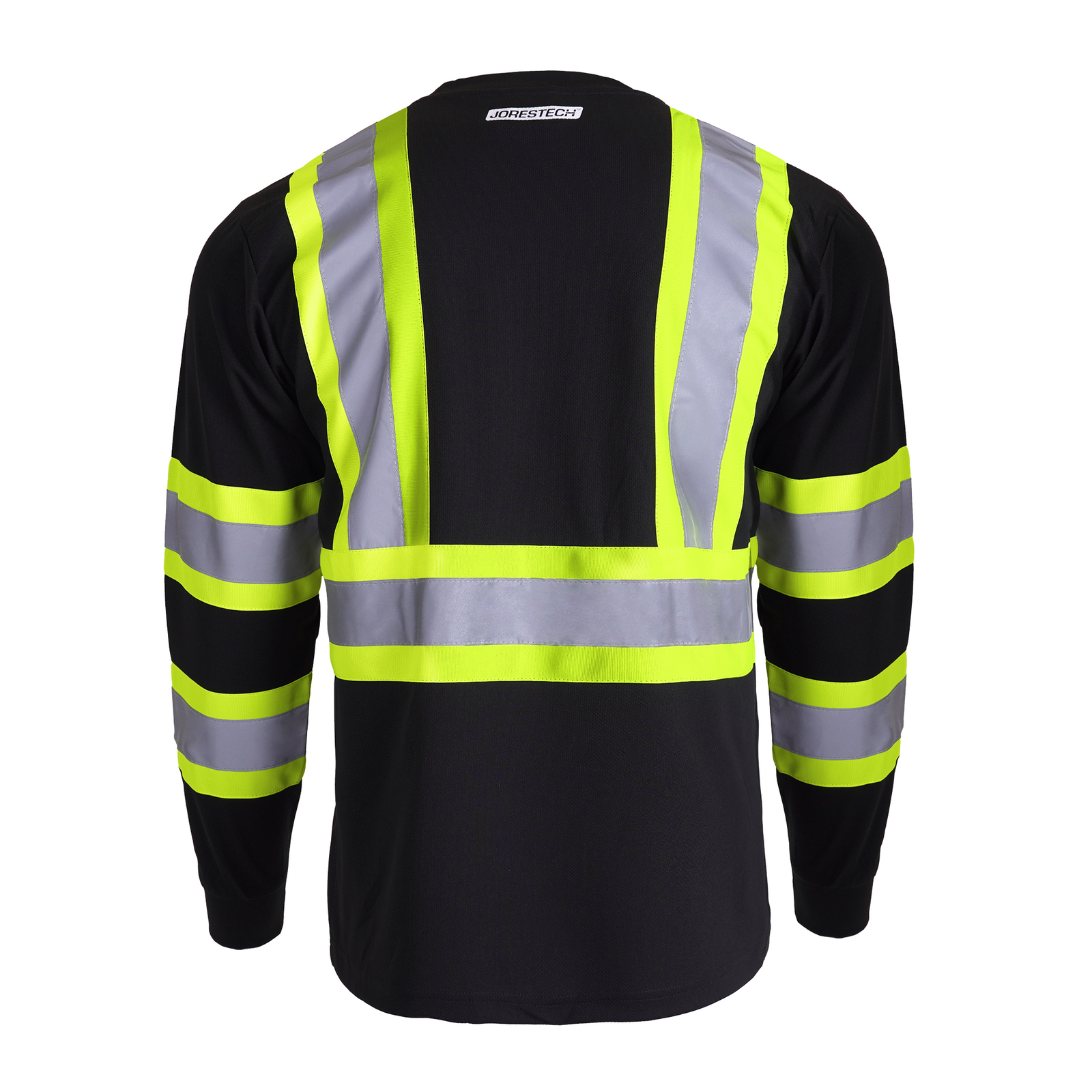 Back of the JORESTECH Hi-vis reflective two tone long sleeve safety black and yellow pocket shirt