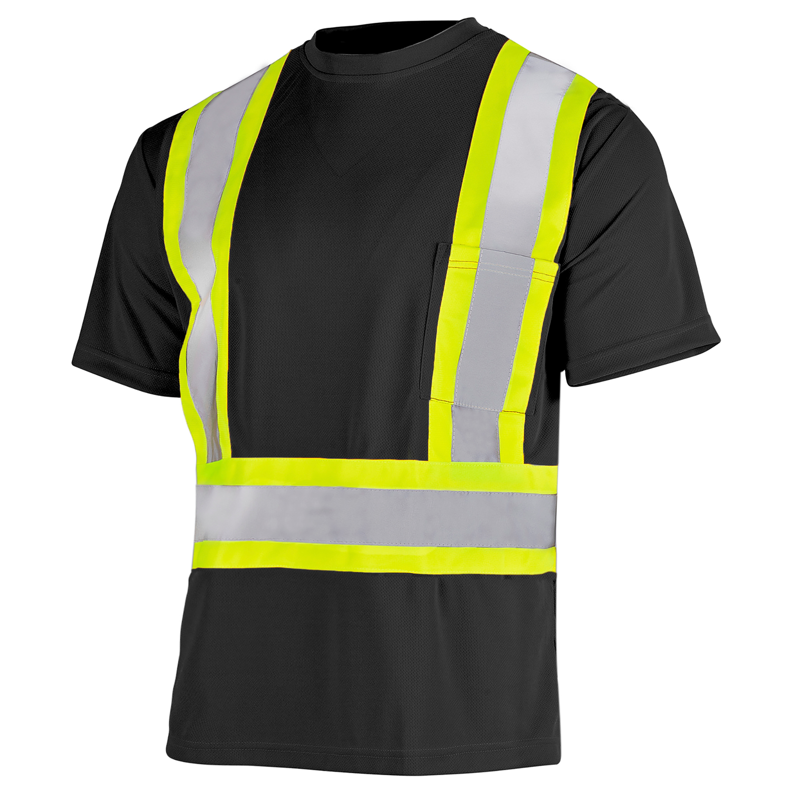 Diagonal view of the JORESTECH short sleeve Hi-vis reflective two tone safety black and yellow pocket shirt ANSI and CSA compliant. Birds eye safety shirt.