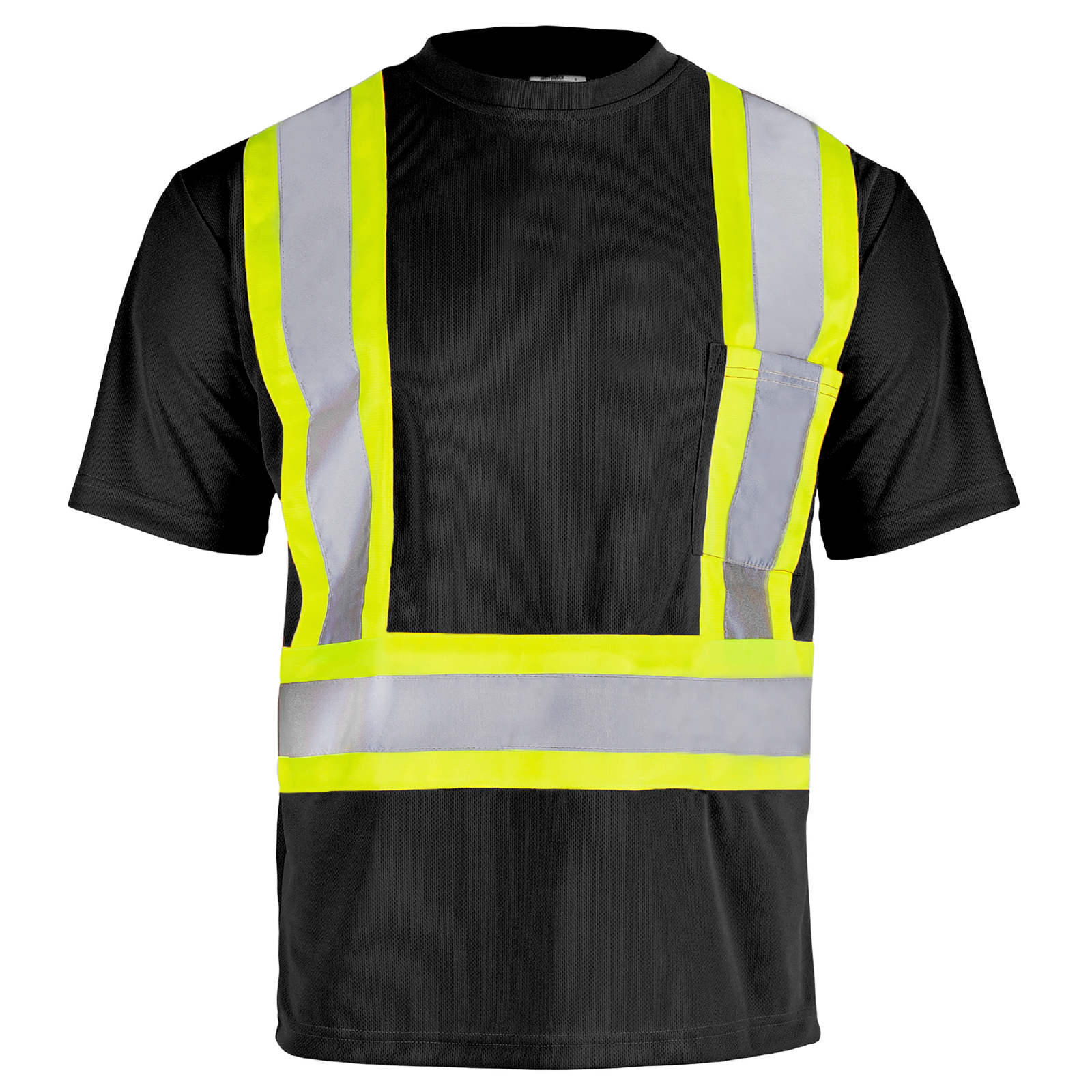front view of a JORESTECH Hi-vis reflective two tone safety black and yellow pocket shirt built with bids eye polyester fabric