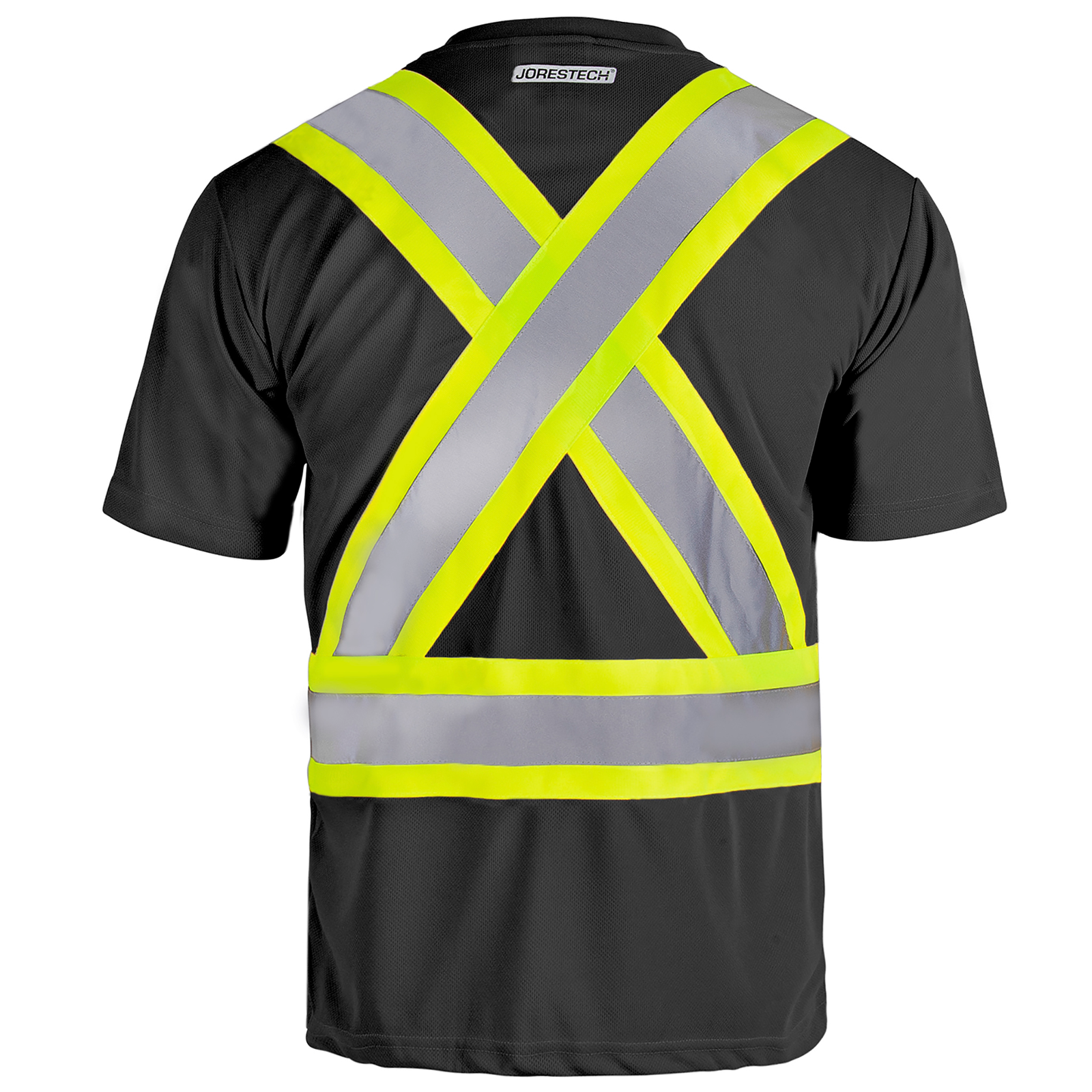 Back view of a Hi-vis reflective two tone JORESTECH safety black and yellow pocket shirt with X on the back