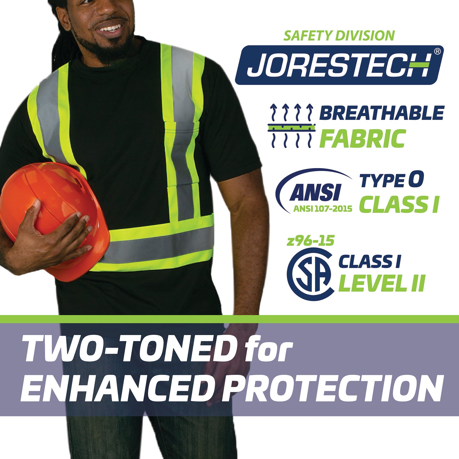 A man wearing a Black and yellow Reflective safety shirt. Icon with text reads: Breathable fabric, ANSI Type O, Class I. CSA Class 1 Level 2. Two toned for enhanced protection.