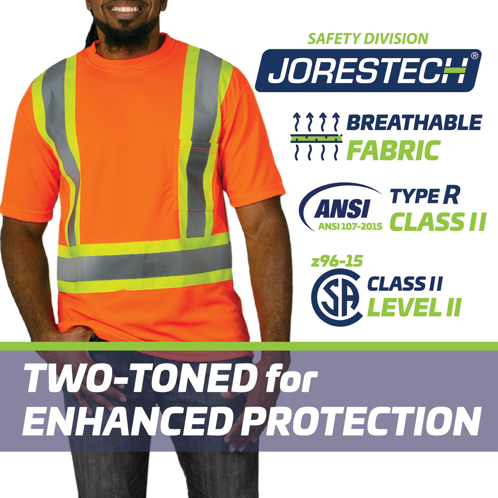 A man wearing a orange and yellow strips Reflective safety shirt. Icons with text read: Breathable fabric, ANSI Type O, Class I. SA Class I Level II. Two toned for enhanced protection.