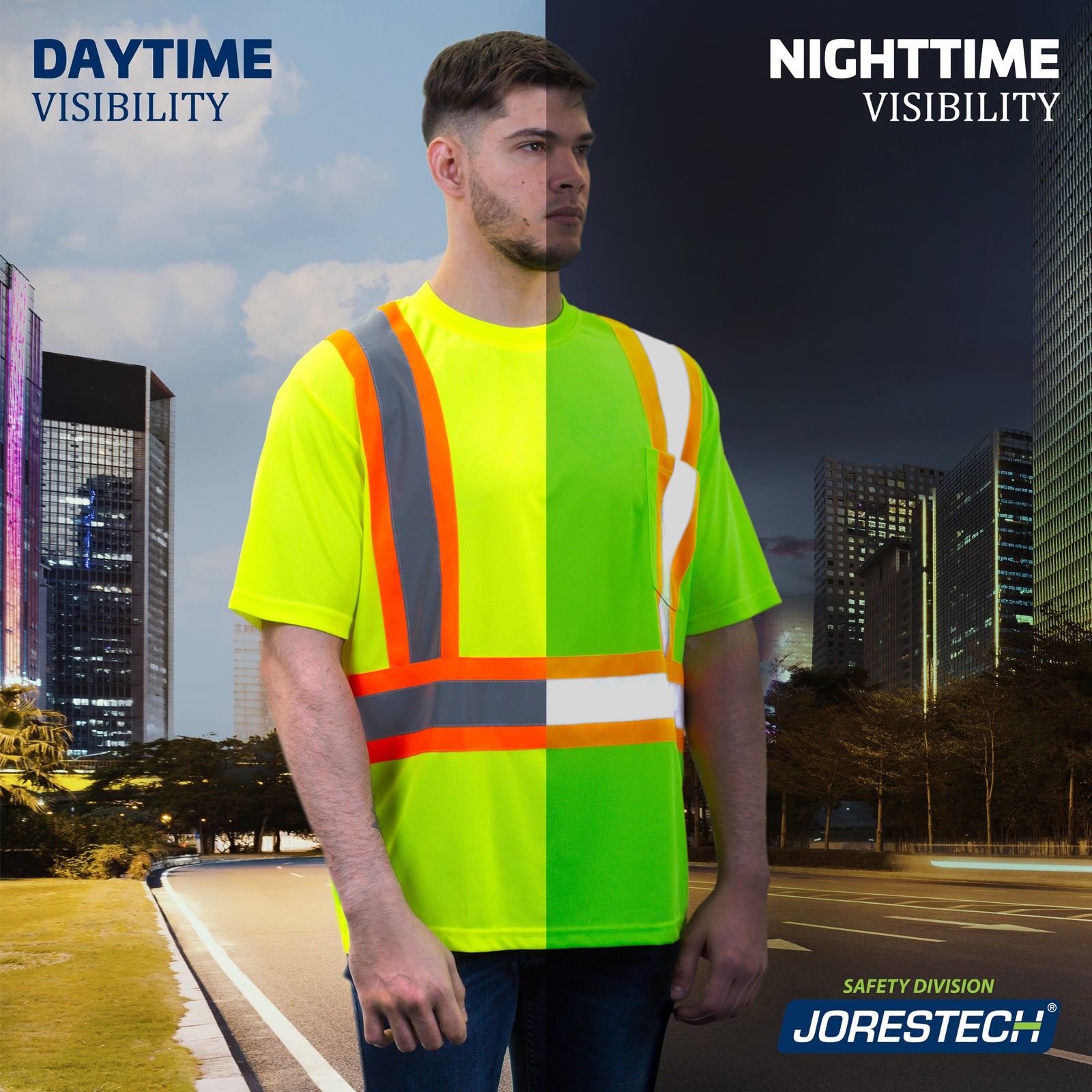 A man standing in the middle of the road while wearing a JORESTECH High Visibility yellow safety shirt. Divided in the middle to see the comparison of the fluorescent and reflective materials with day and night light.