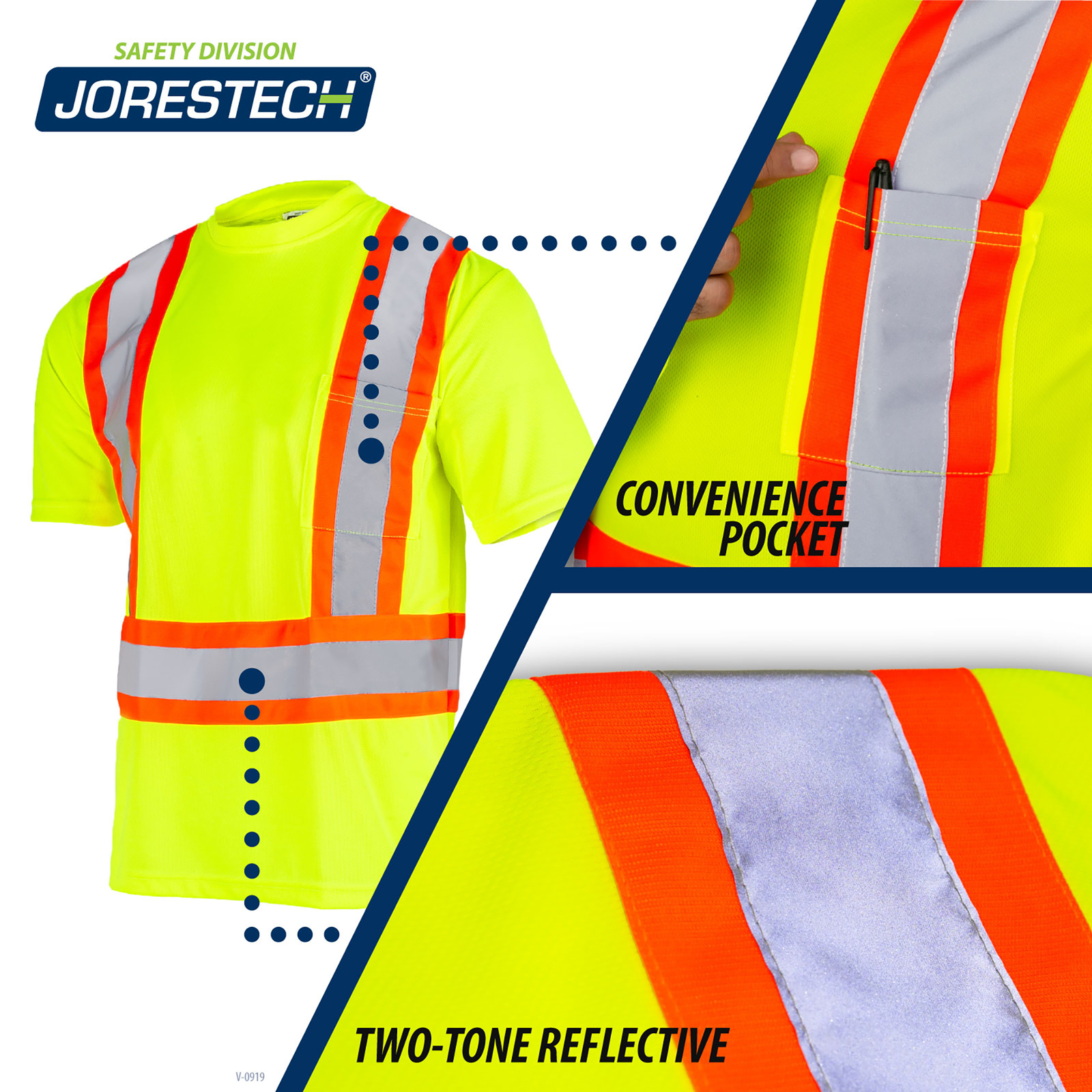 Safety shirt is shown plus 2 call outs that read: Convenience chest pocket, two tone reflective
