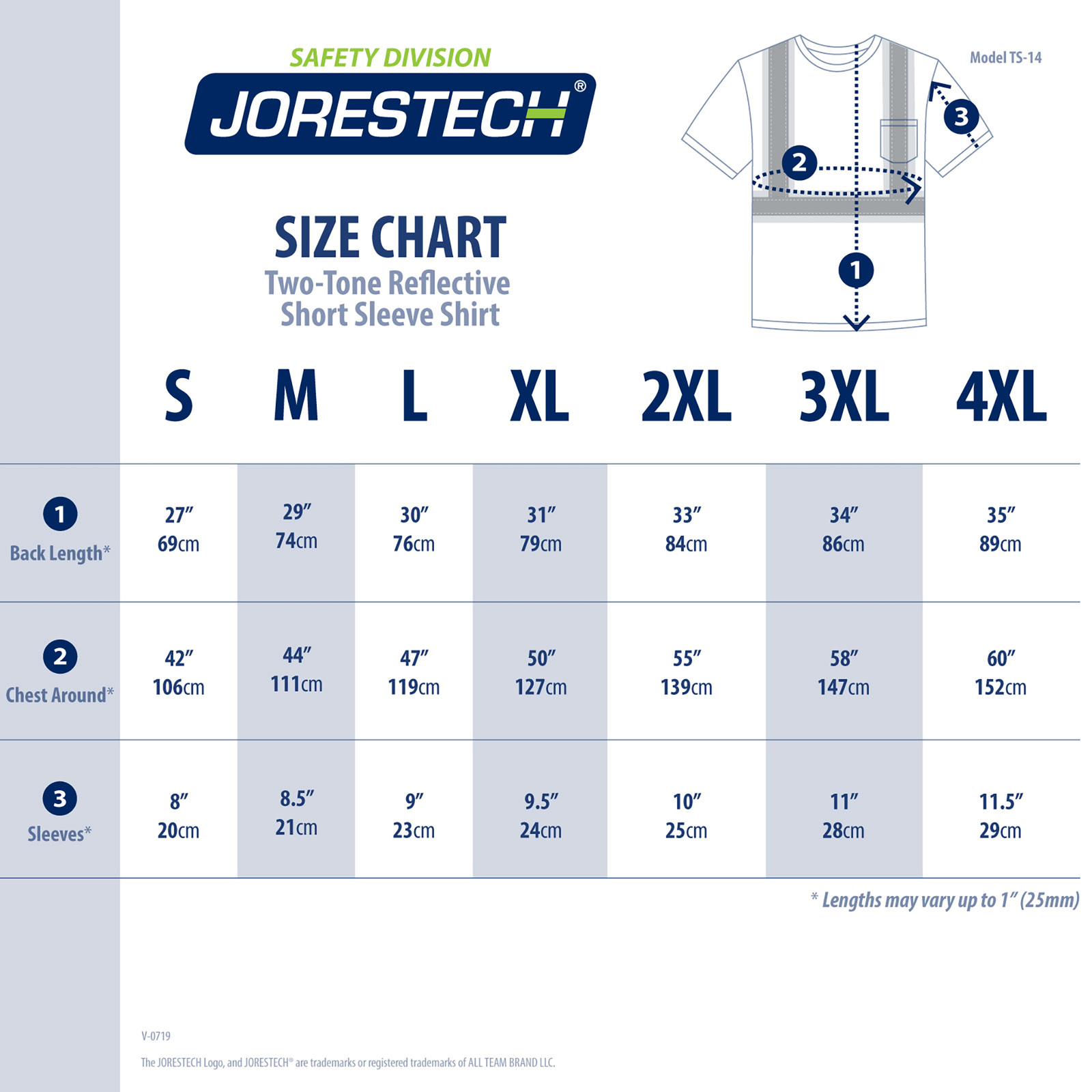 Size chart of the Reflective short sleeve safety shirt