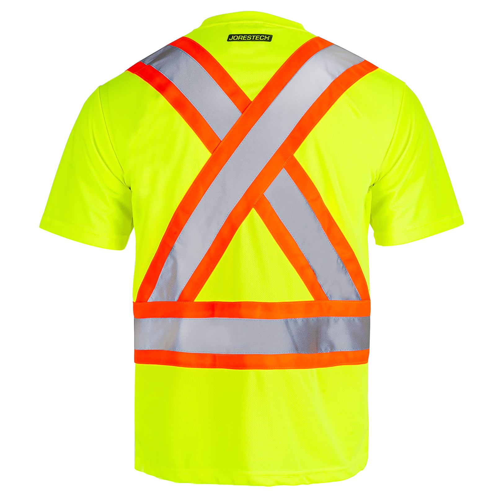 Back view of a Hi-vis reflective two tone safety yellow orange pocket shirt . ANSI and CSA Compliant