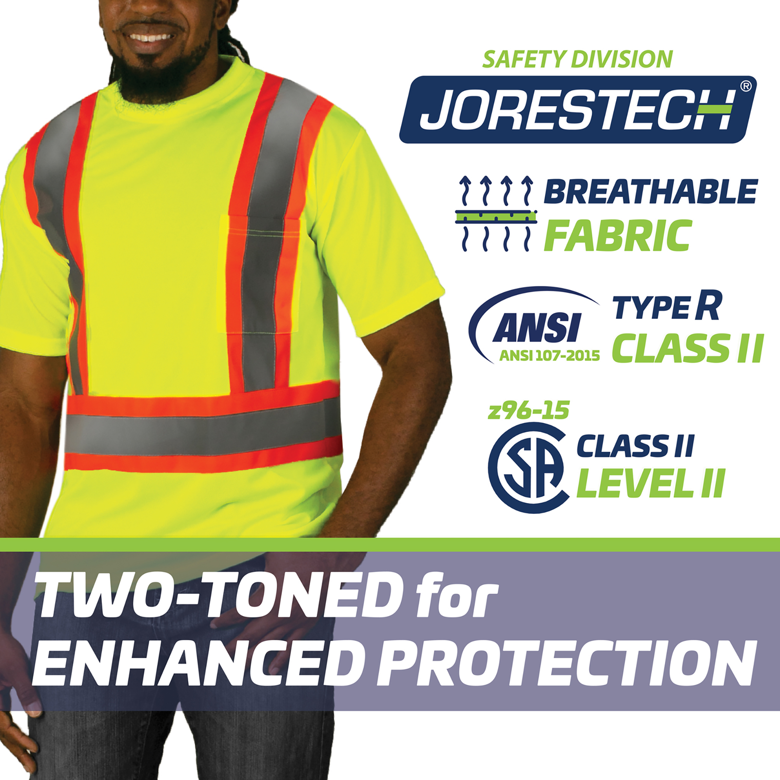 A man wearing a yellow and orange reflective safety shirt. Icos with text read: Breathable fabric, ANSI Type O, Class I. SA Class I Level II. Two toned for enhanced protection.