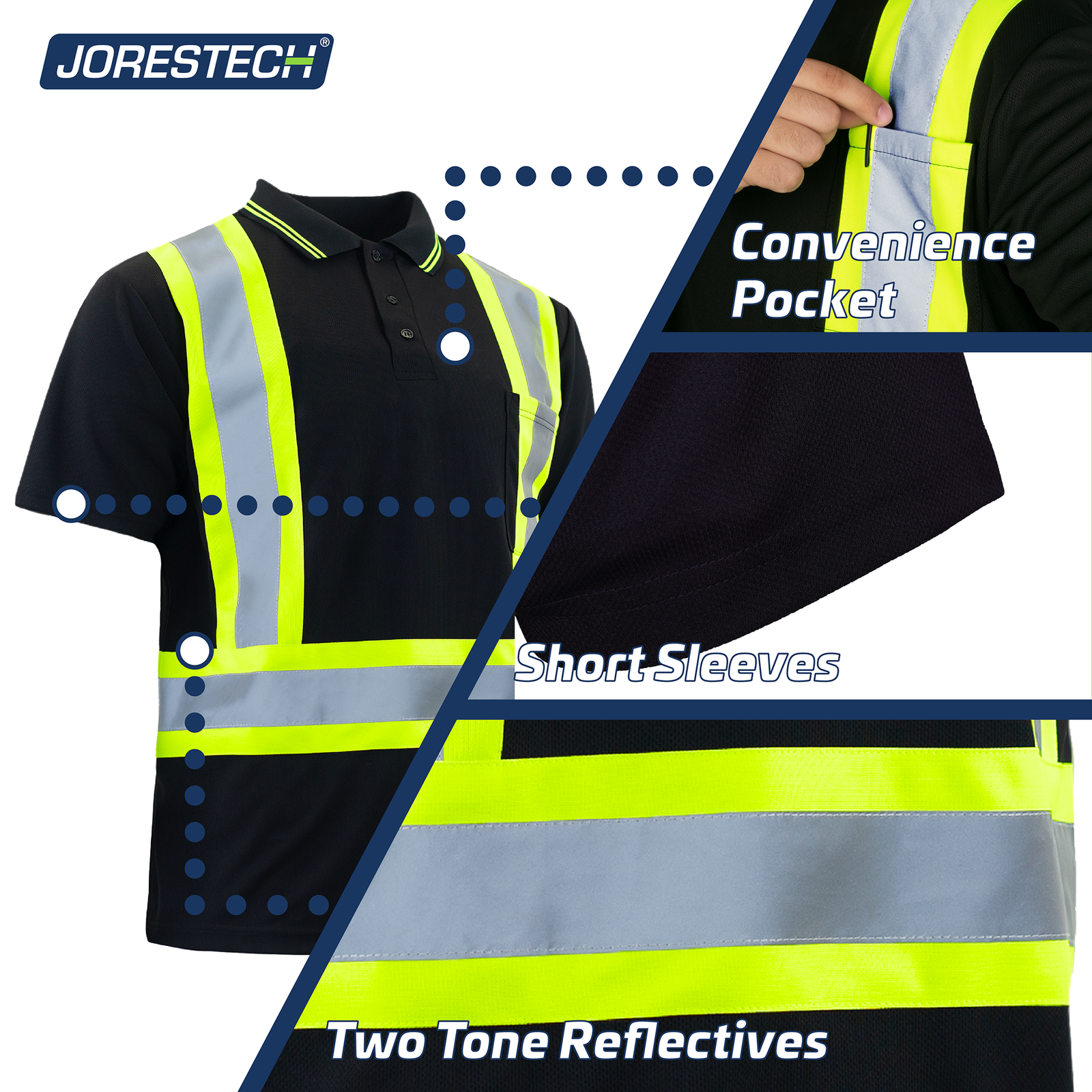 Features of the safety polo shirt. Text reads: Convenience Pocket, Short Sleeves polo shirt and two tone reflective