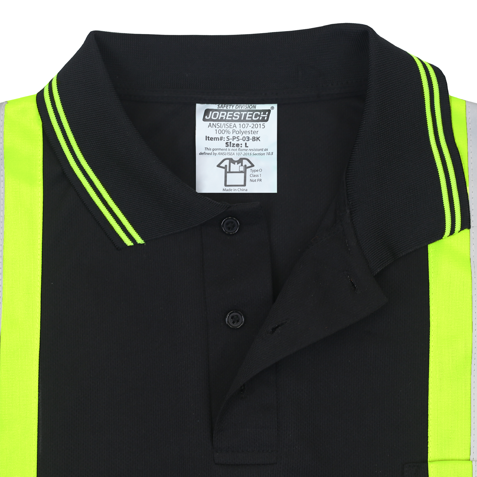 Close up of the black and yellow Jorestech hi vis polo shirt with 3 buttons, polo style collar and chest pocket