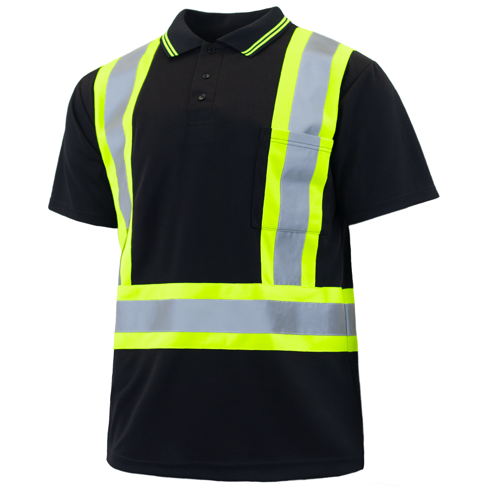 JORESTECH Black Hi Vis reflective safety polo shirt with contrasting lime strips polo stile collar and chest pocket