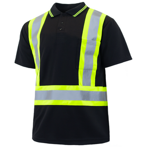 JORESTECH Black Hi Vis reflective safety polo shirt with contrasting lime strips polo stile collar and chest pocket