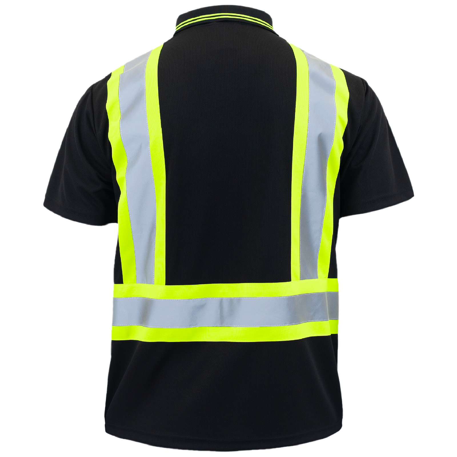 Back of the JORESTECH Black Hi Vis reflective safety polo shirt with contrasting lime strips 
