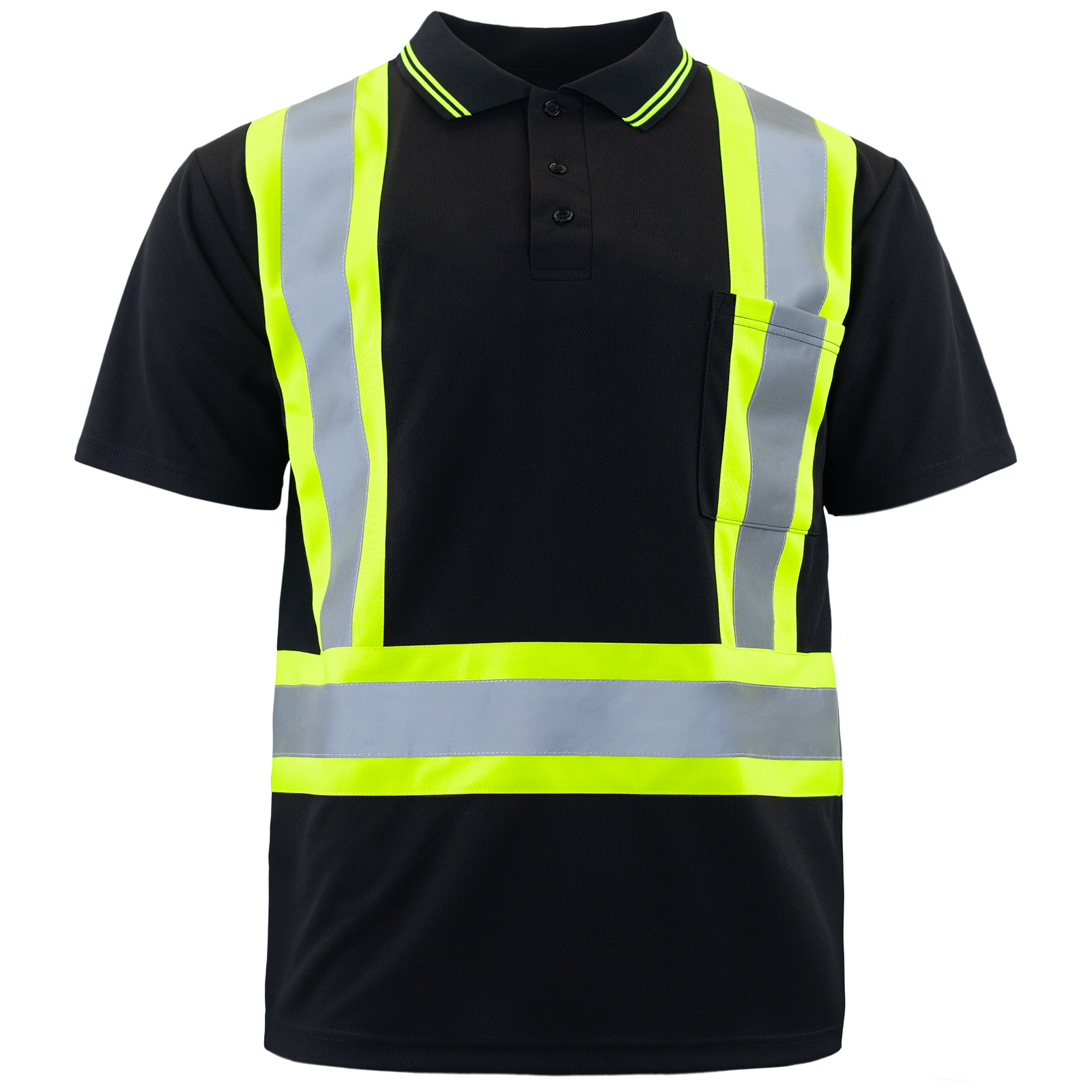 Black high visibility reflective safety polo button up shirt with contrasting lime strips polo style collar and chest pocket