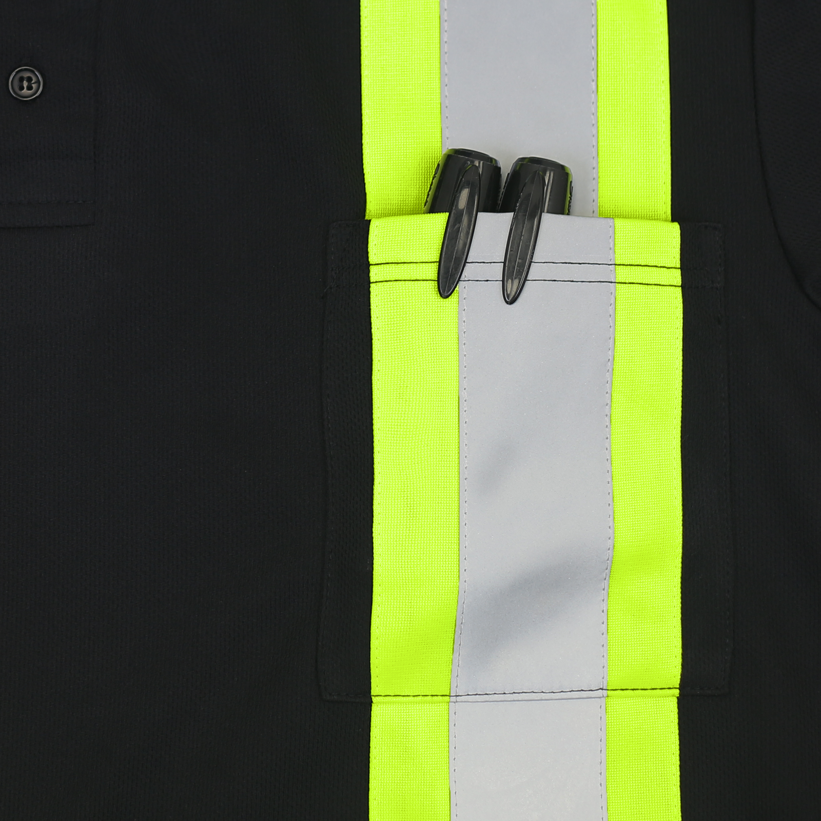 Close-up of the sewn in reflective material, the contrasting yellow fluorescent strips and te chest pocket of the Jorestech black polo safety shirt.