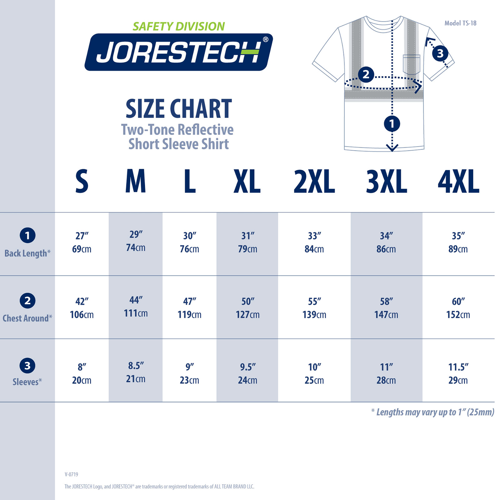 Size chart of the JORESTECH black hi vis shirt with reflective strips and a chest pocket