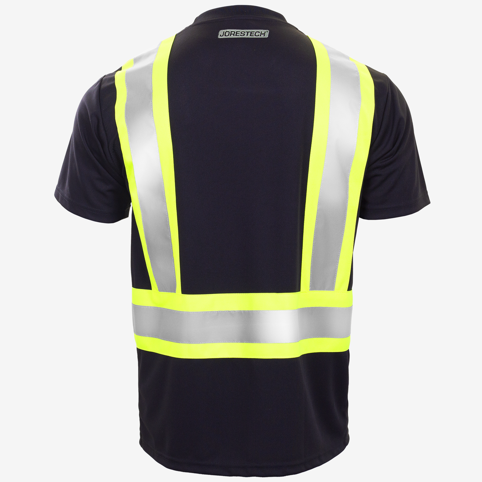 Back view of the JORESTECH short sleeve Hi-vis reflective two tone safety black and yellow shirt