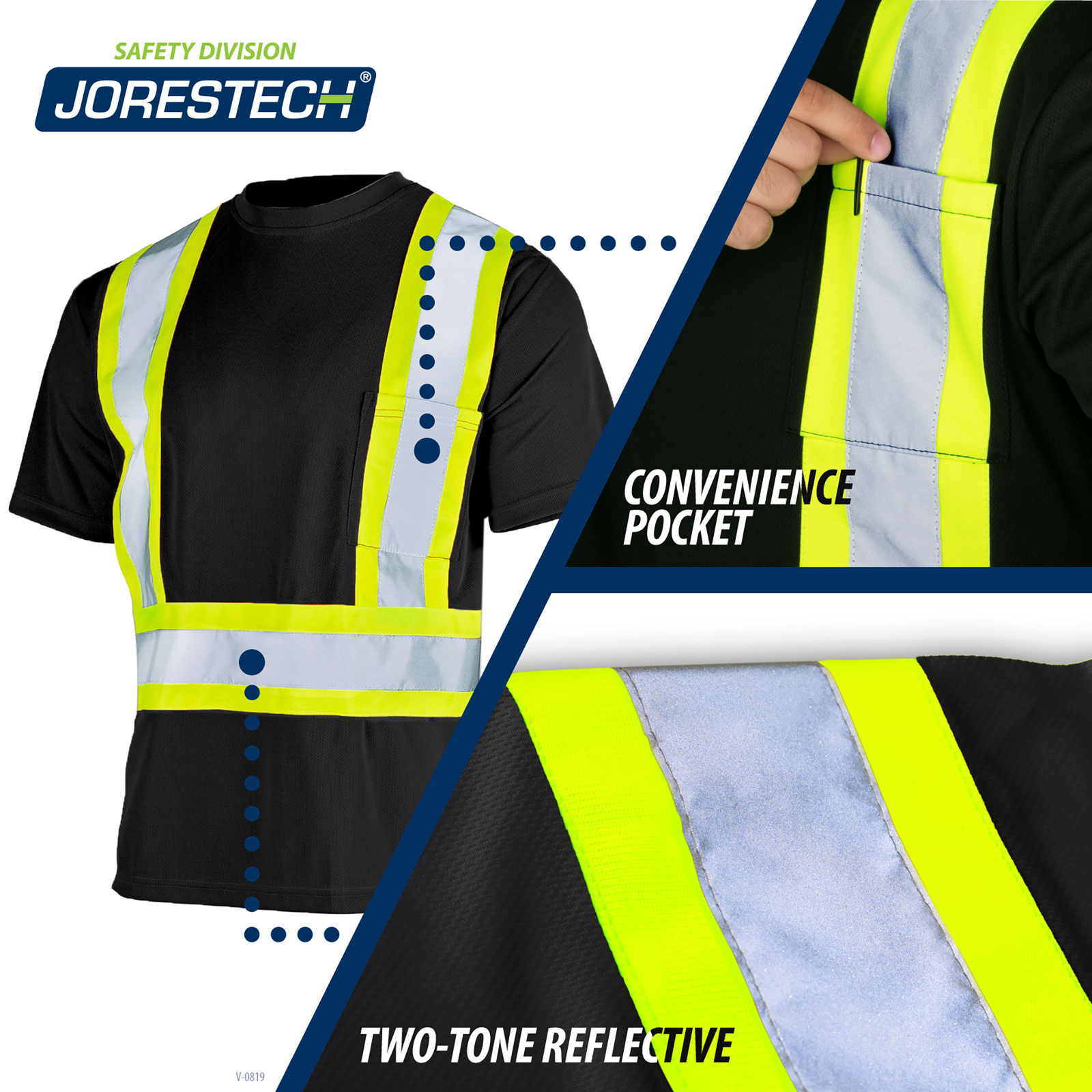 The two tone JORESTECH safety shirt is shown with 2 call outs that read: Convenience chest pocket, two tone reflective