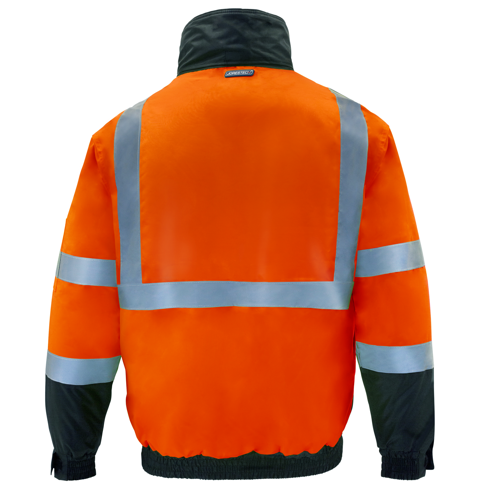 Back  of the orange and black hi vis JORESTECH safety insulated bomber jacket with reflective stripes and hoodie ANSI compliant type R class 3