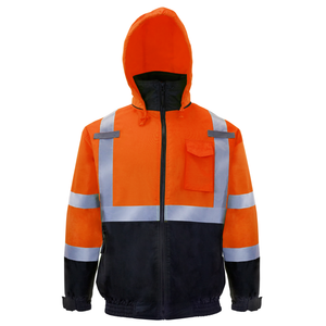 High visibility orange safety bomber jacket with reflective strips and hoodie
