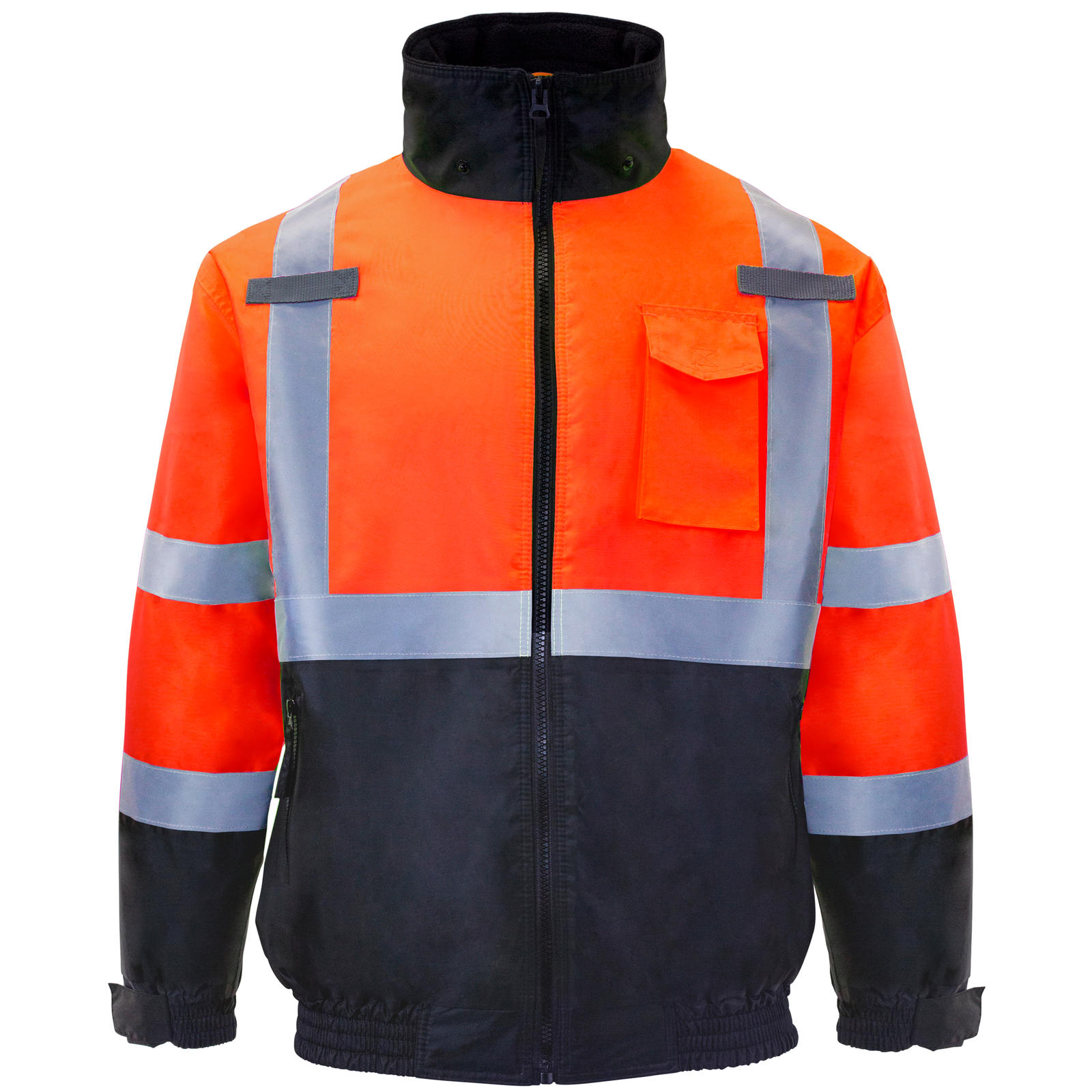 Orange and black insulated hi vis safety bomber jacket class 3 type R with reflective stripes
