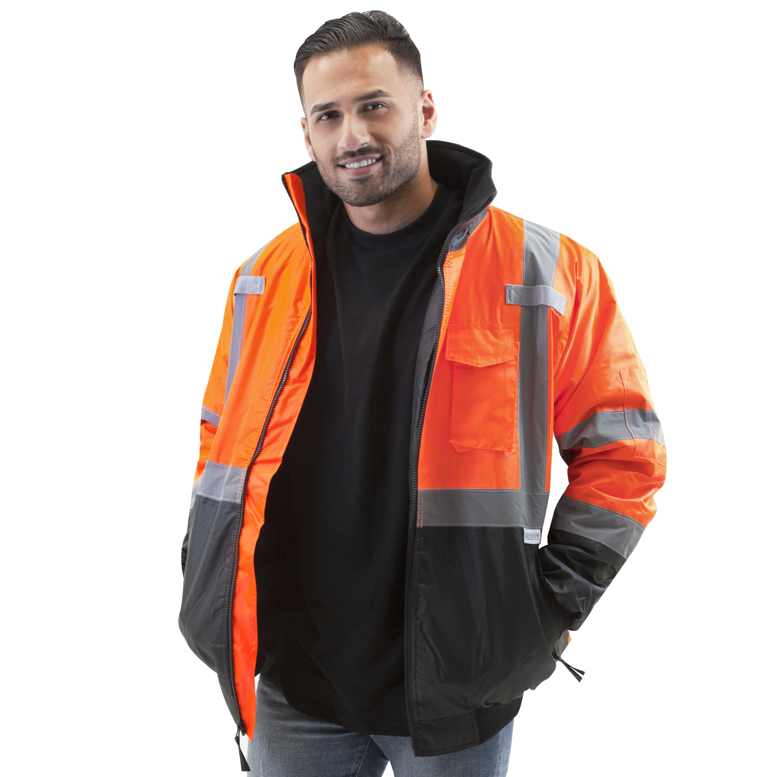 Man wearing the hi vis orange and black JORESTECH ANSI compliant winter safety jacket
