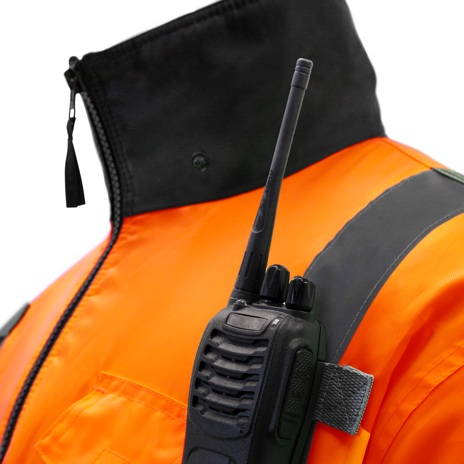 Shows safety bomber jacket with radio tabs and reflective strips