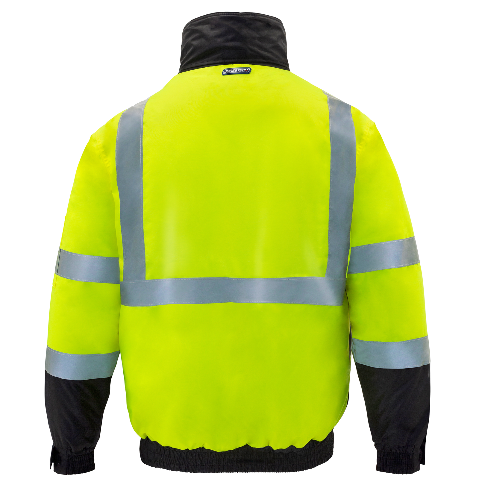 Lime and black hi vis water resistant JORESTECH safety bomber jacket with reflective stripes and hoodie