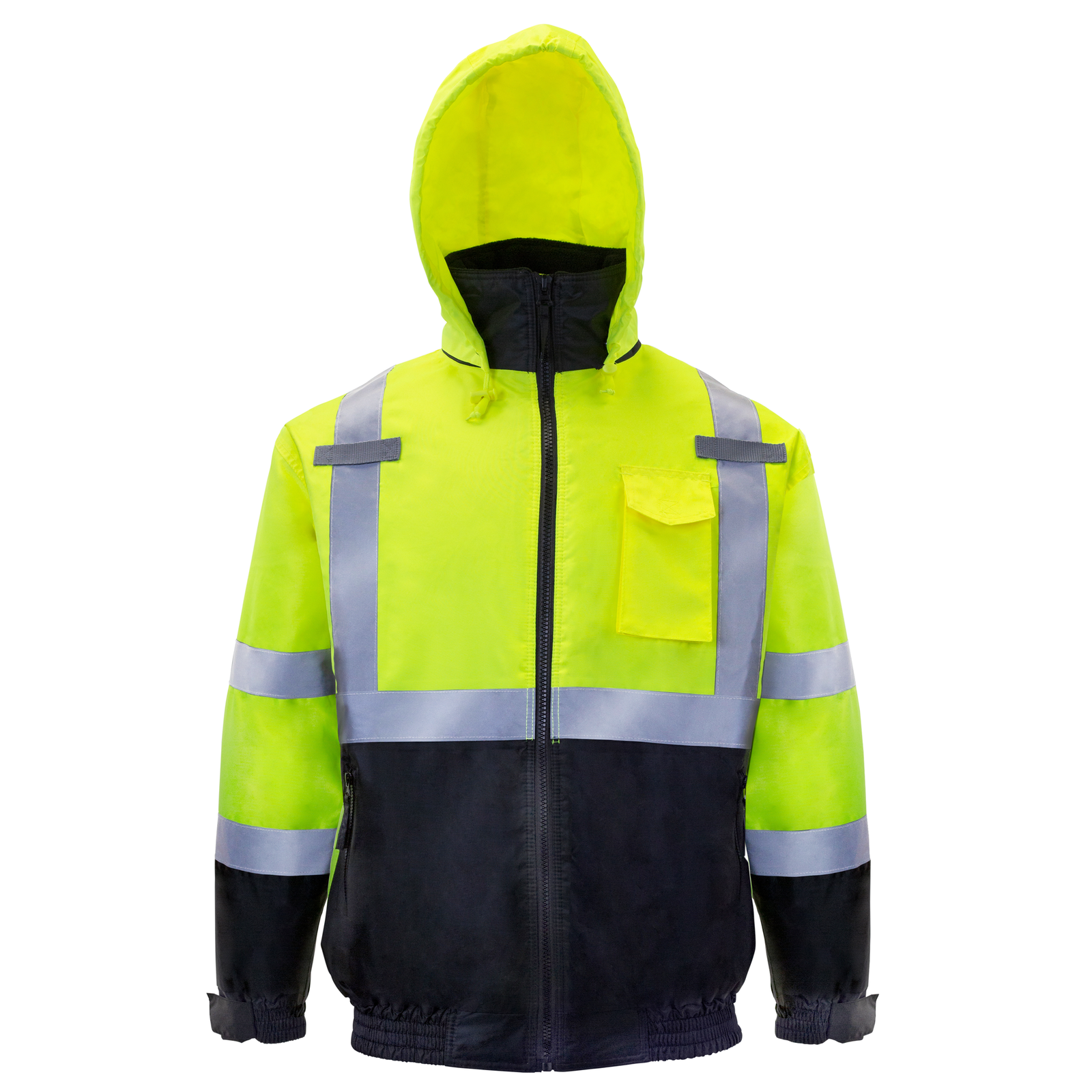 Lime and black hi vis JORESTECH safety bomber insulated jacket with reflective stripes and hoodie