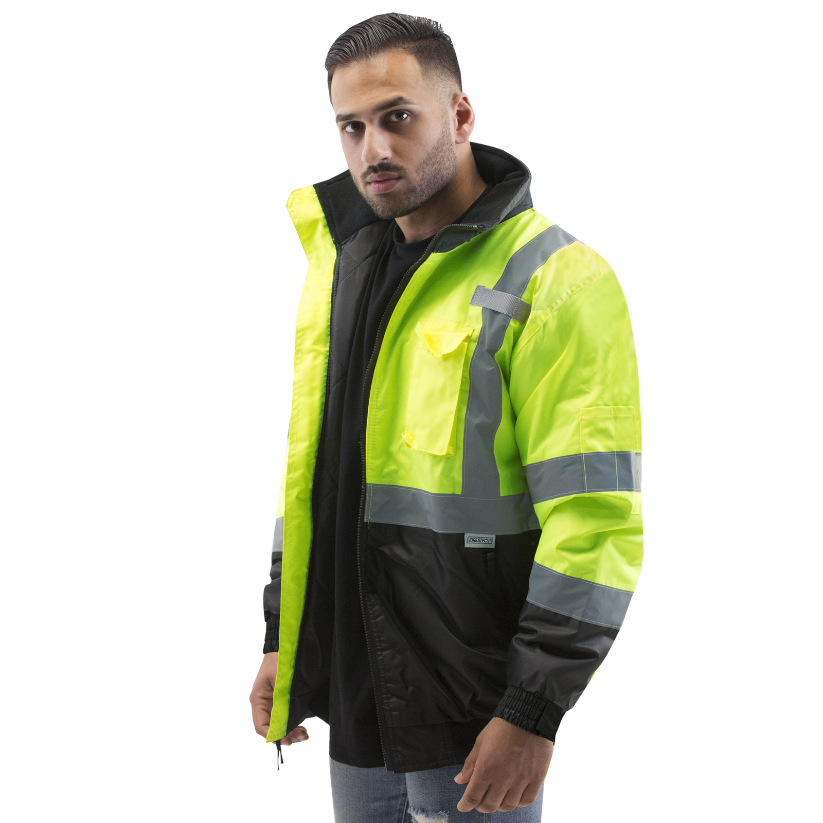 Man wearing the hi vis yellow and black JORESTECH reflective jacket class 3 type R