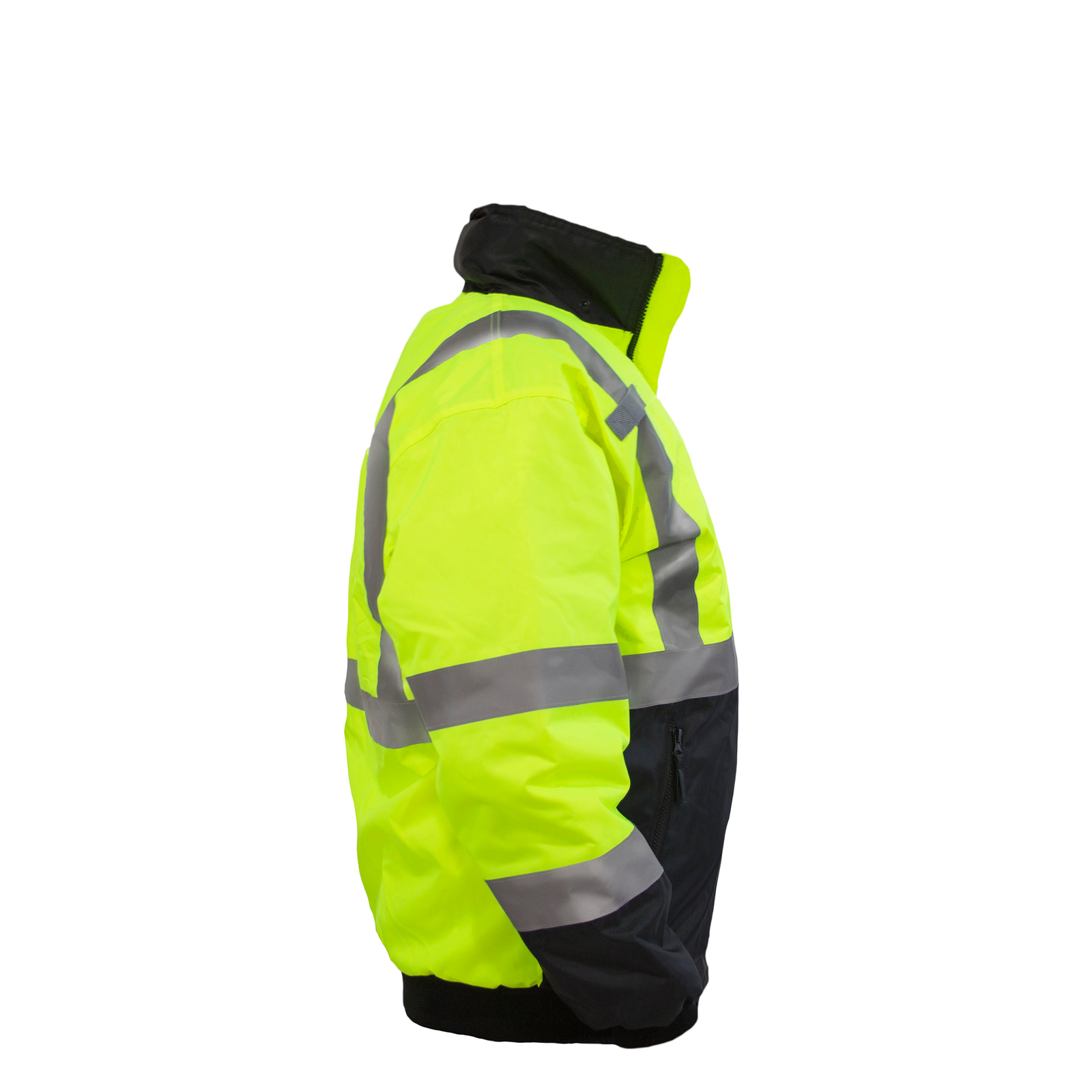 Side  view of the lime and black Hi-vis JORESTECH safety bomber jacket with reflective stripes over white background