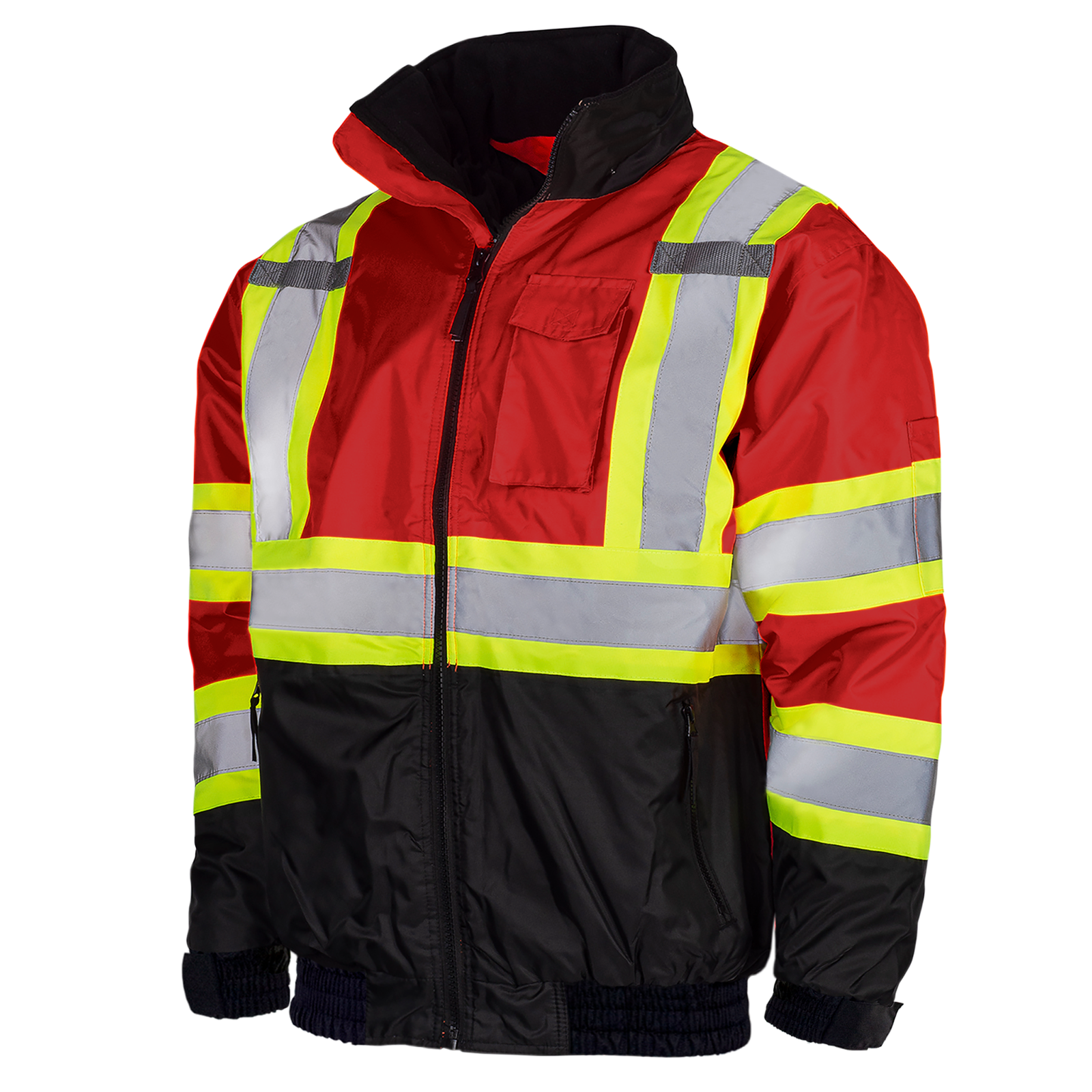 Hi vis two tone red and black safety bomber jacket with reflective stripes and black bottom for winter protection
