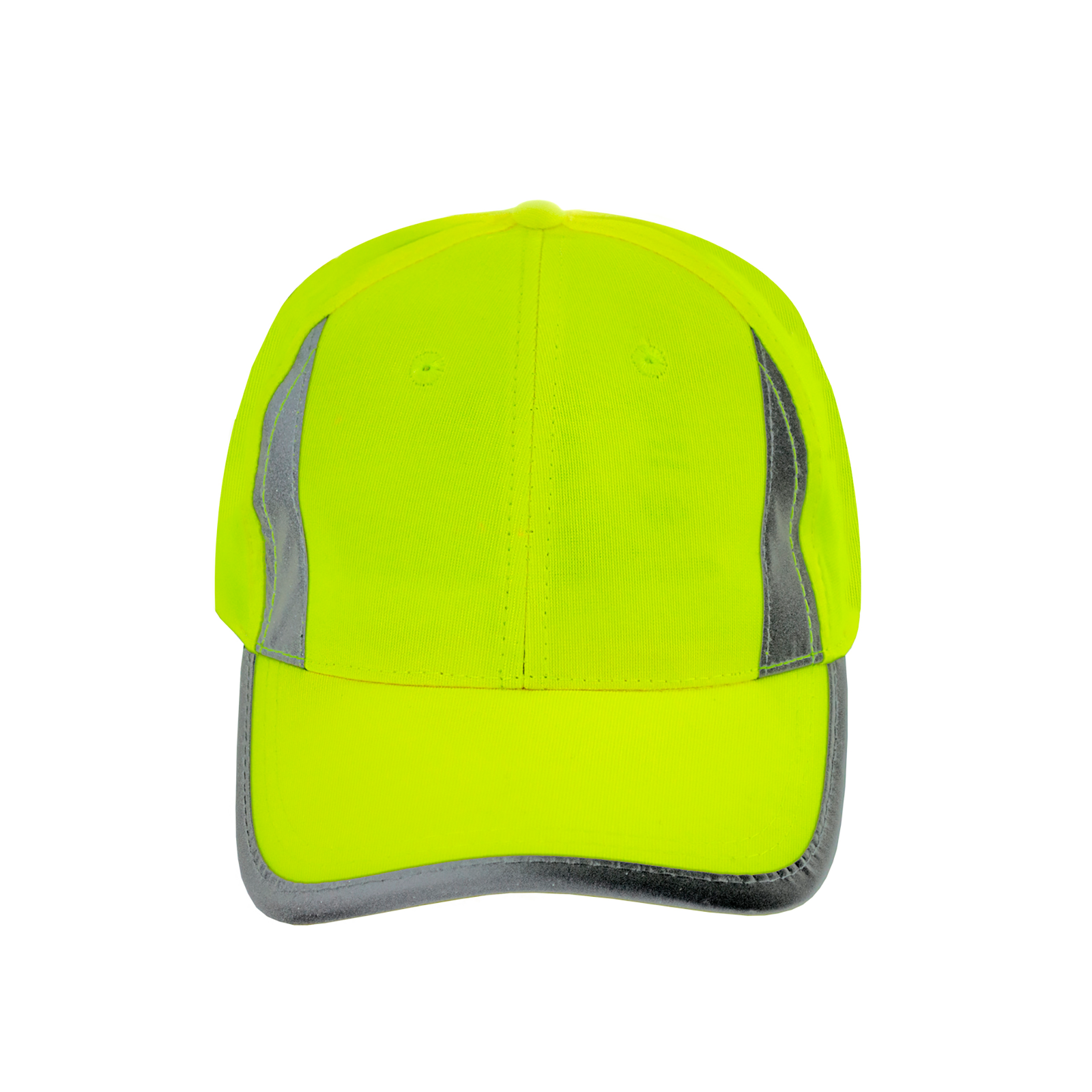 Front view of the Hi-vis lime JORESTECH safety cap with reflective stripes over white background
