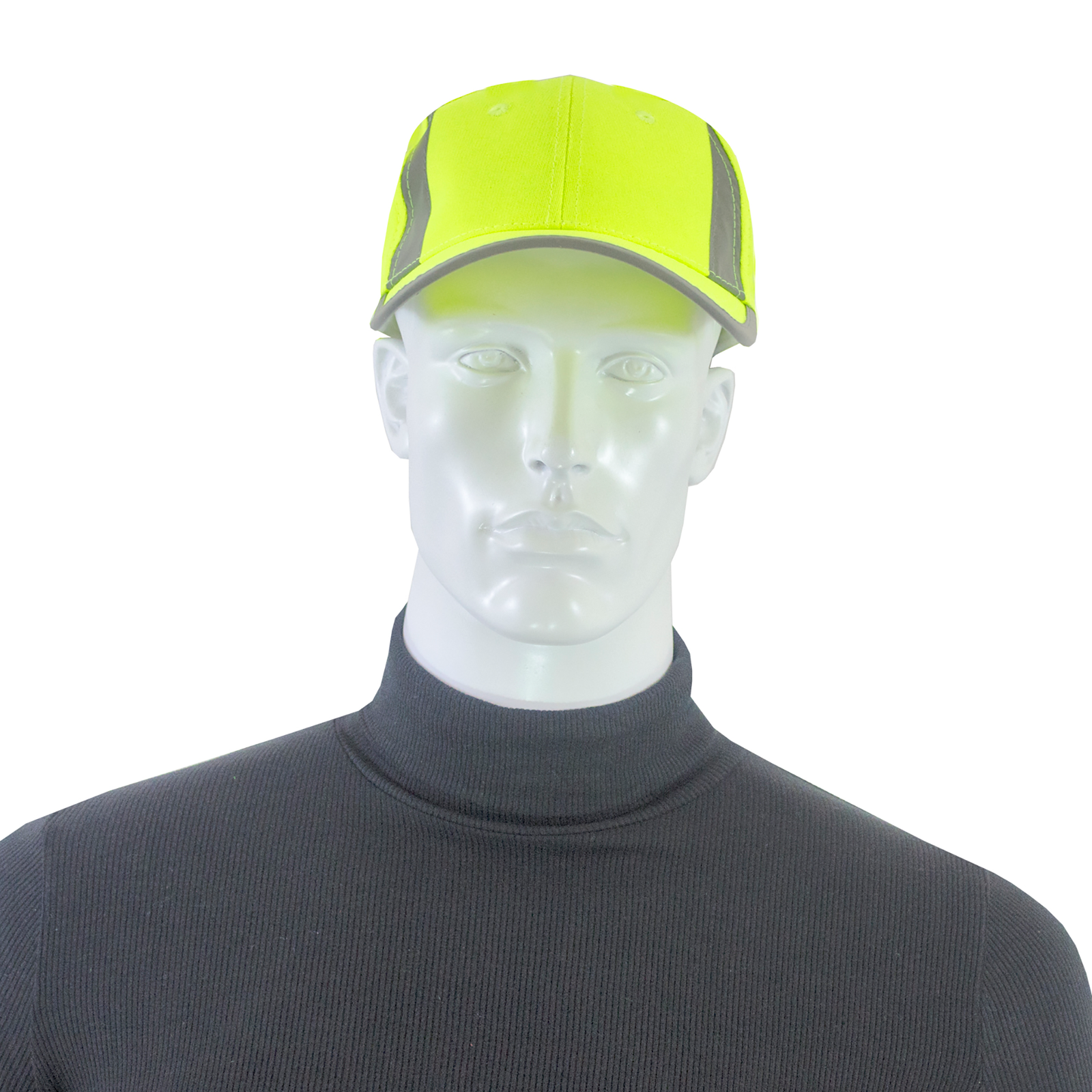A mannequin wearing a hi-vis lime cap with reflective stripes