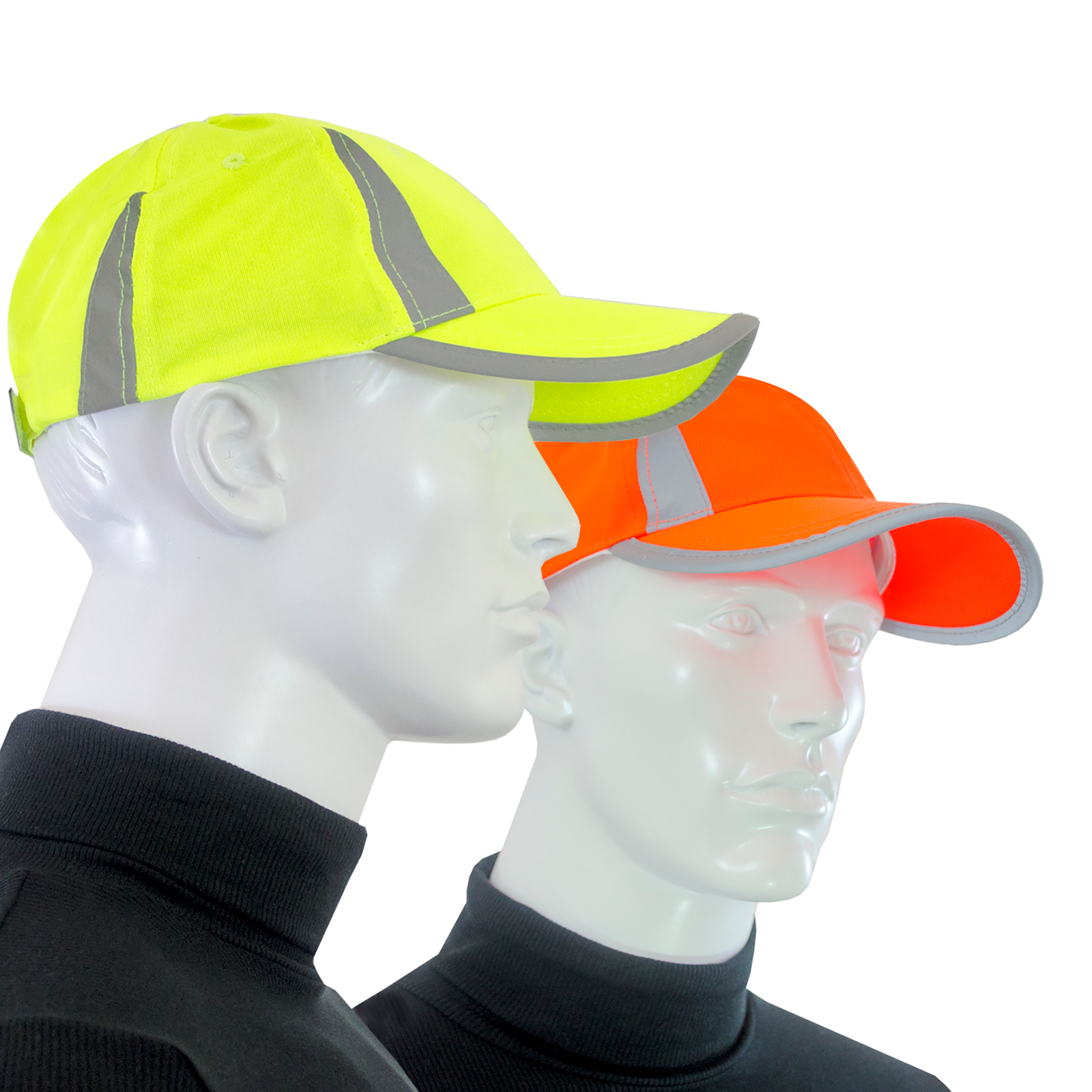 Two mannequin wearing the orange and the lime JORESTECH high visibility cap with reflective stripes 