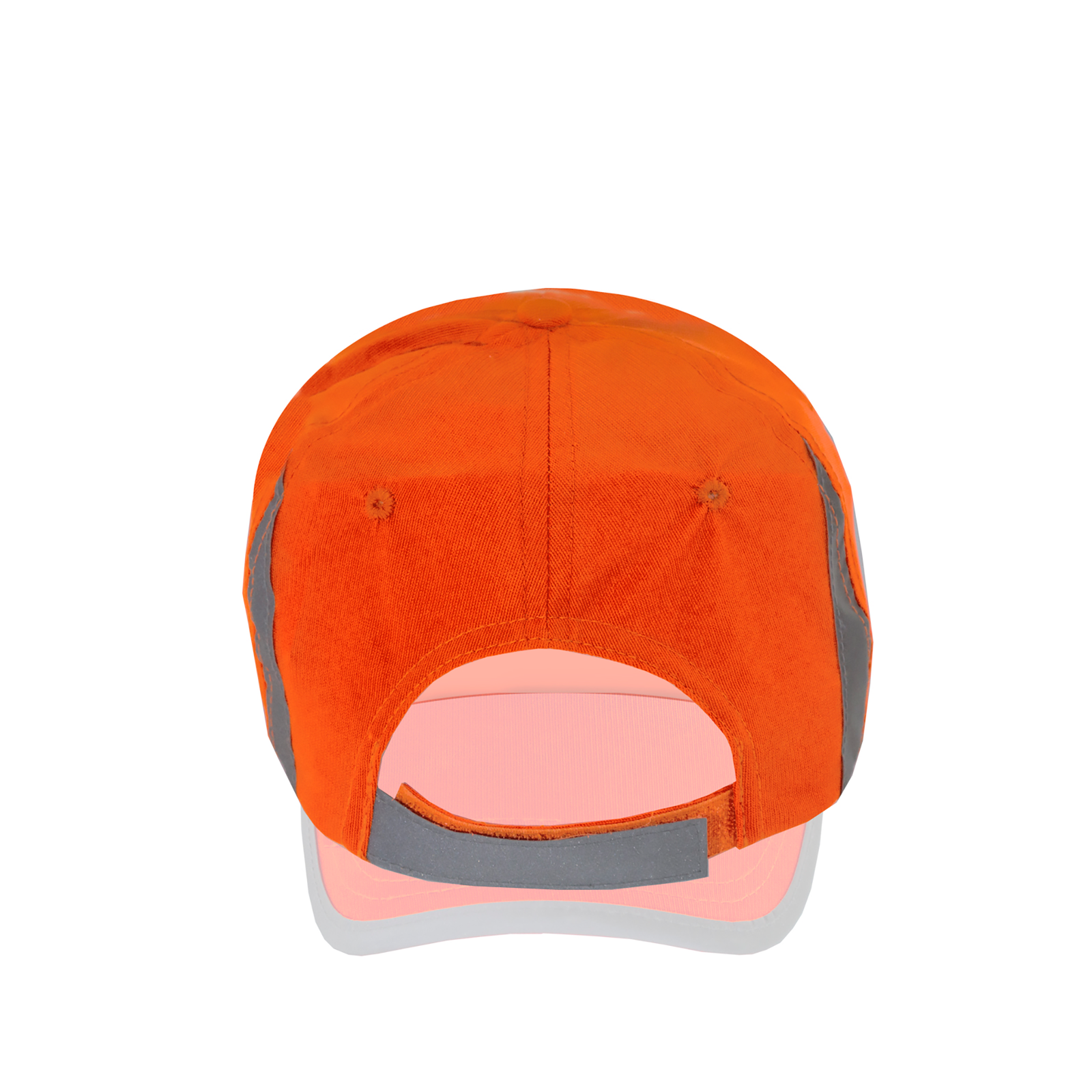 Back view of the Hi-vis orange JORESTECH safety cap with reflective stripes over white background
