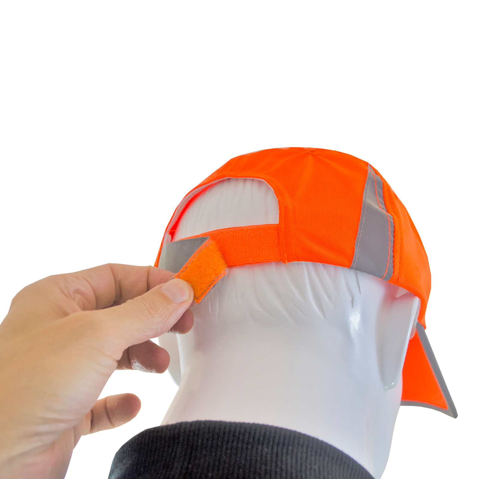 Close-up of a hand pulling the hook and look to adjust the width of the Hi-Vis JORESTECH orange safety cap