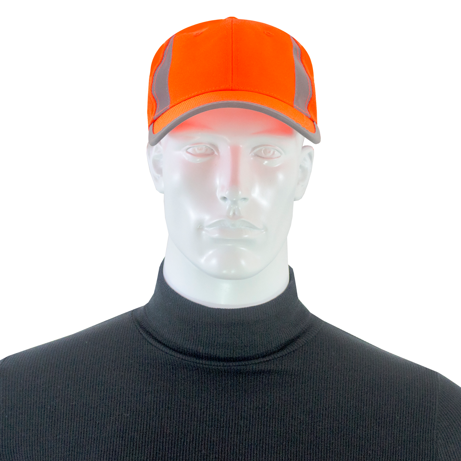 A mannequin wearing a hi-vis orange cap with reflective stripes