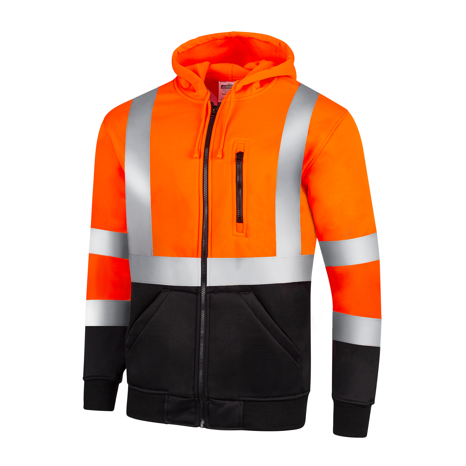 JORESTECH hi-vis ANSI compliant class 3 type R safety hooded orange and black sweatshirt with reflective stripe