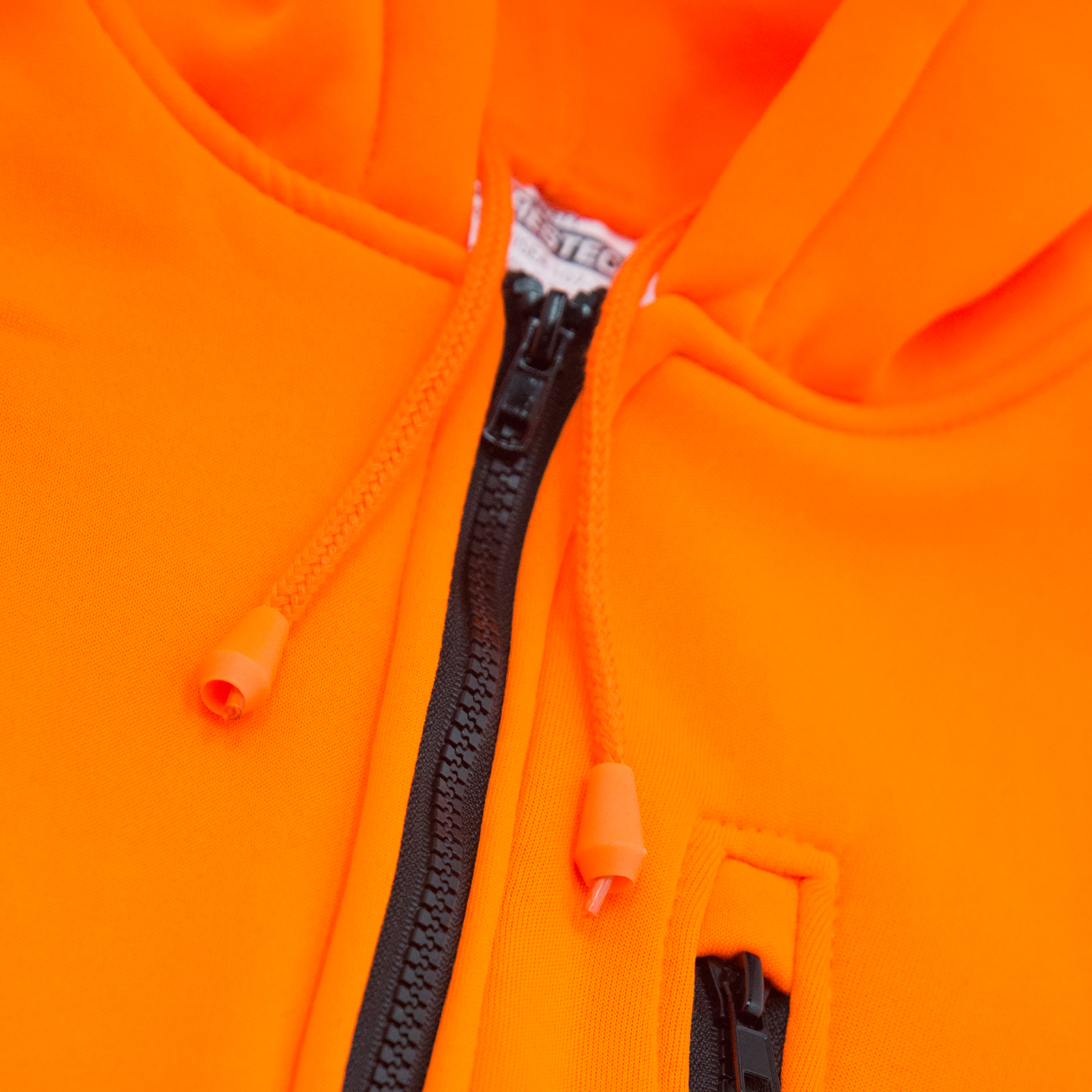 closeup shows the high quality zipper and the strings to adjust hood opening fit of the JORESTECH hi-vis safety hooded sweatshirt with reflective stripes