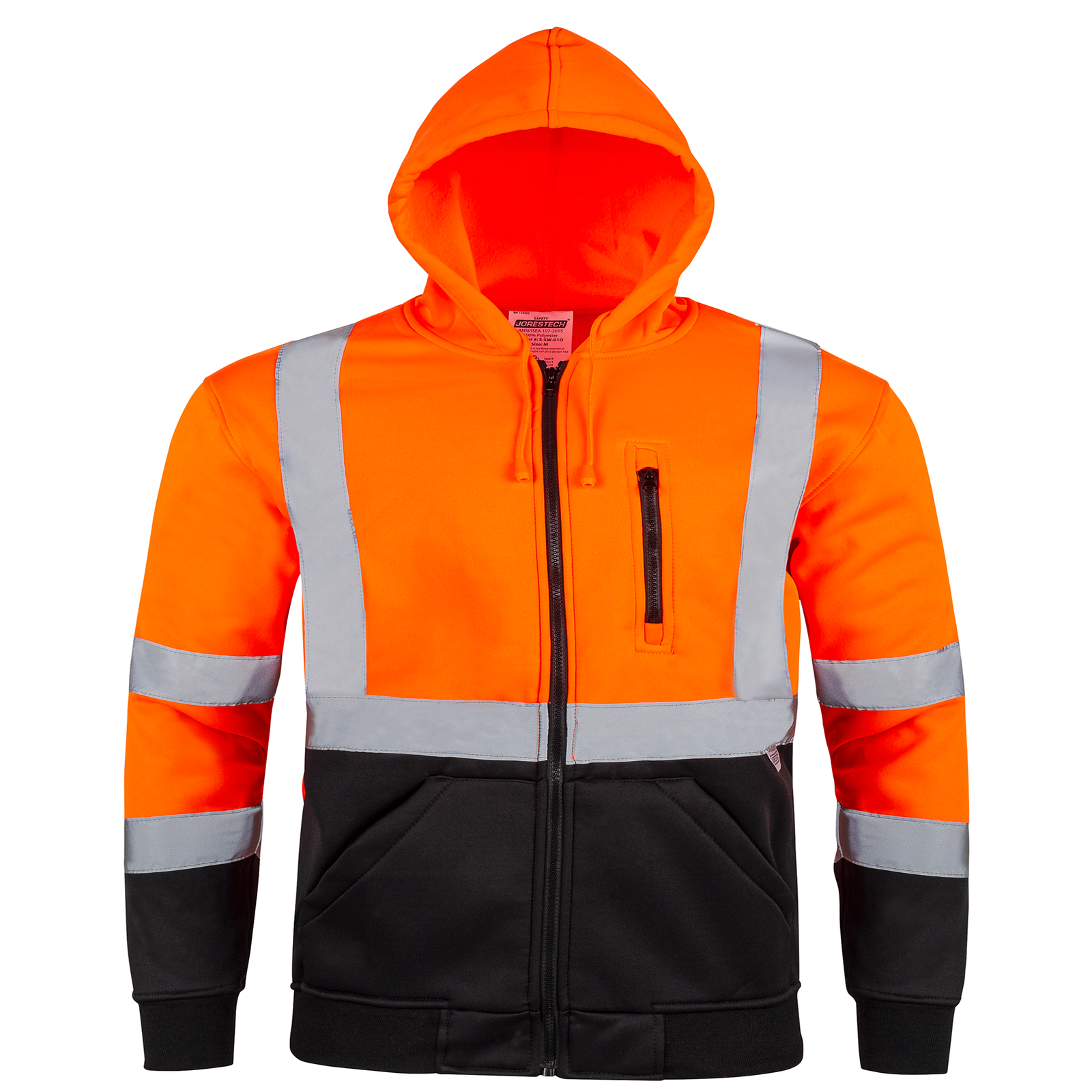Fron view of the JORESTECH hi-vis safety hooded orange and black sweatshirt with reflective stripes.