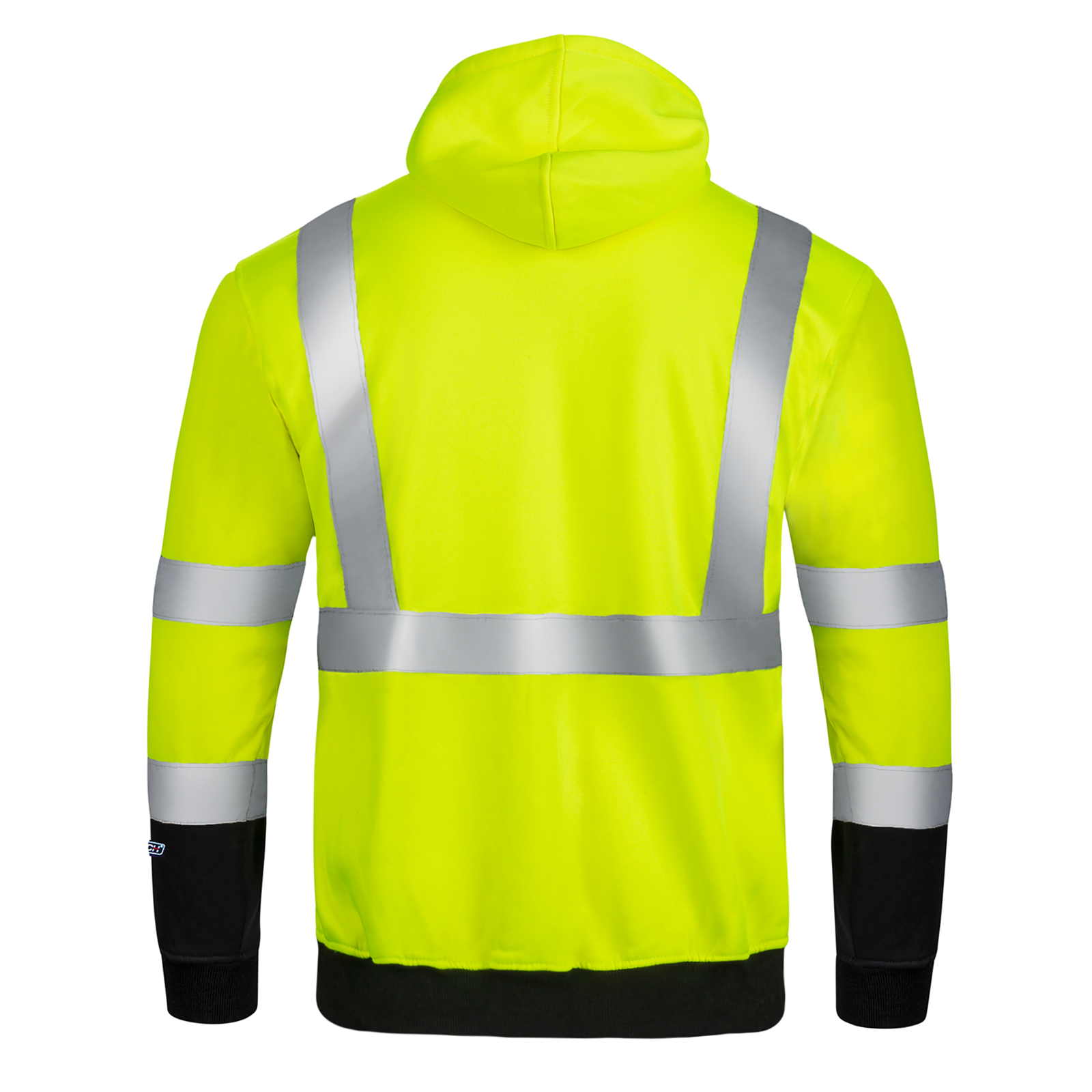 Back view of the JORESTECH hi-vis safety hooded yellow and black sweatshirt with reflective stripes