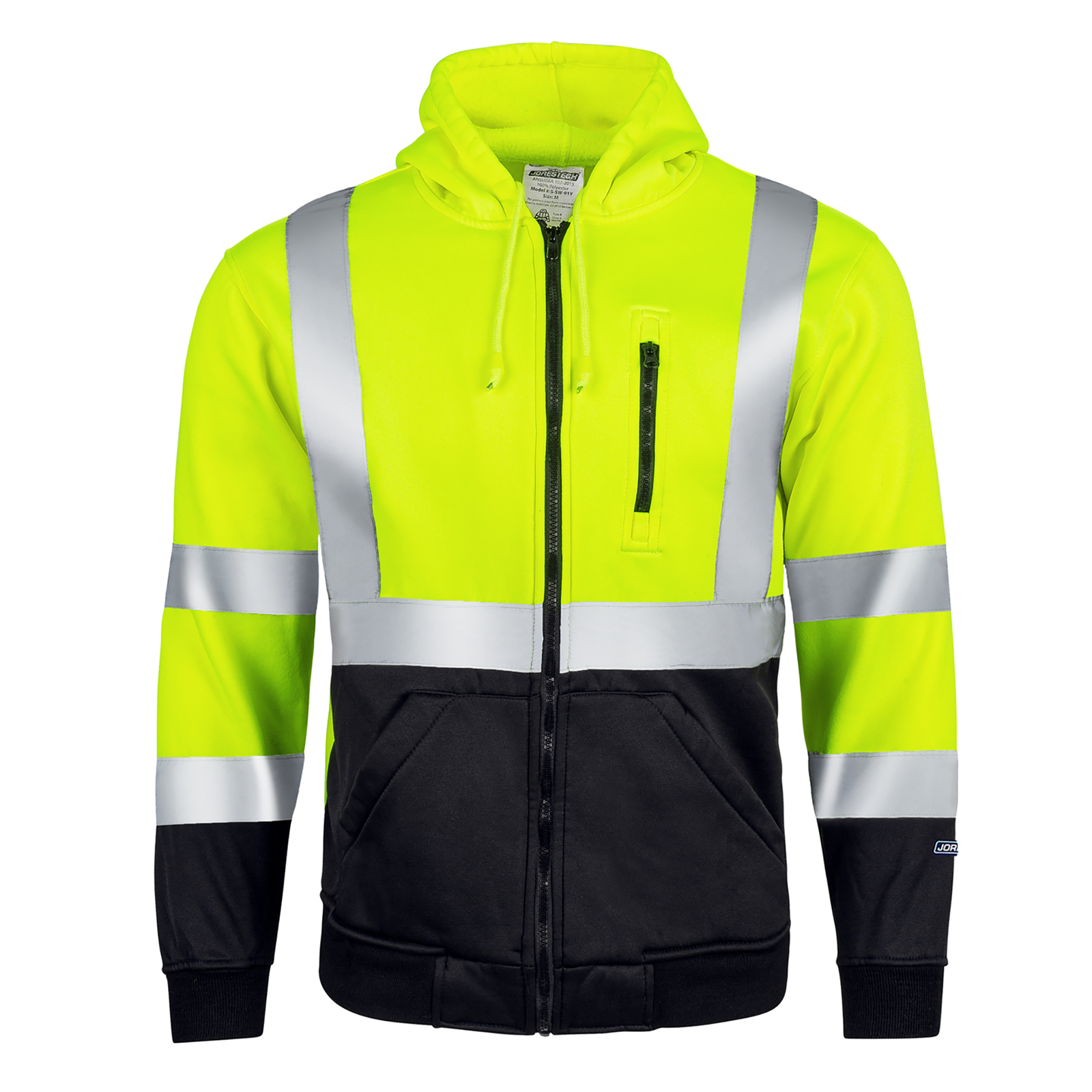 Front view of the JORESTECH hi-vis safety hooded yellow and black sweatshirt with reflective stripes and full zipper